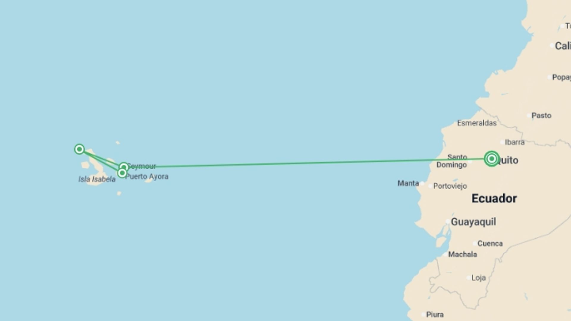 A map showing the tour itinerary for the trip: Quito & Galapagos Explorer - 5 days, starting in Quito, Ecuador and ending in Quito, Ecuador going through 2 other destinations.