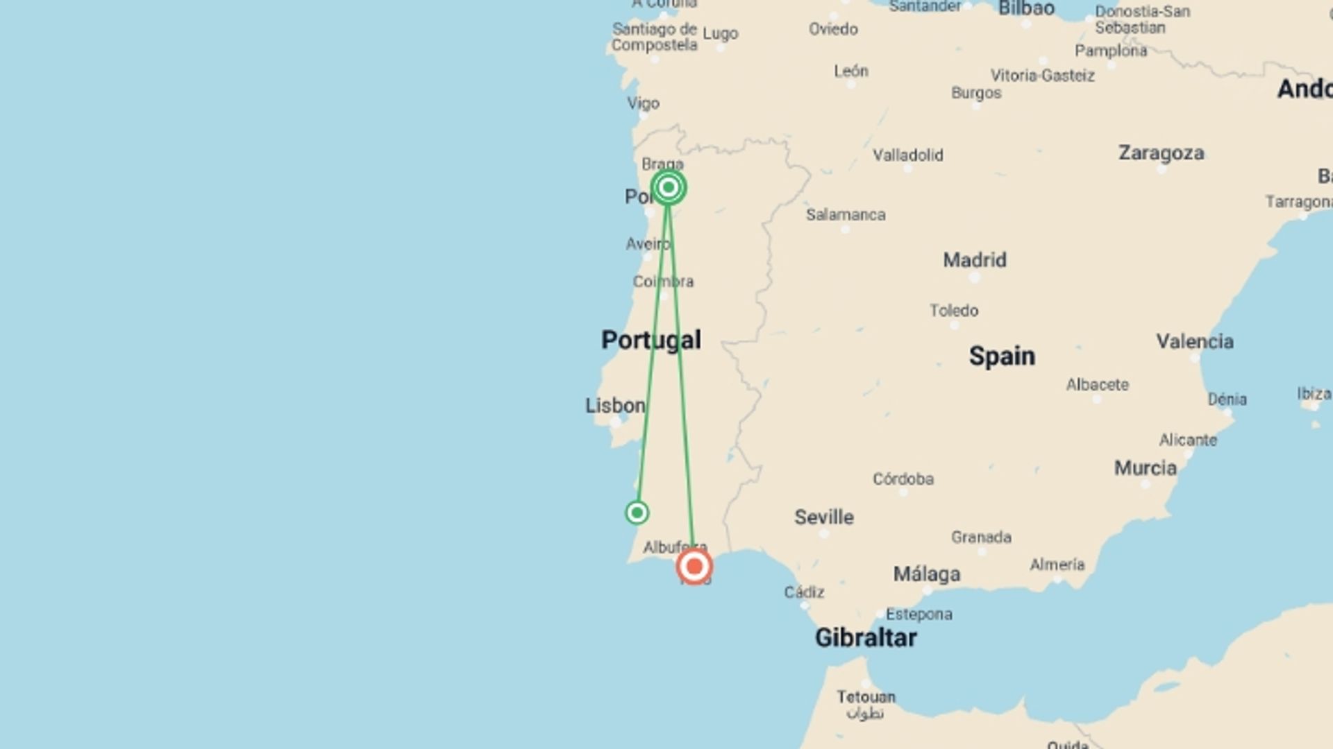 A map showing the tour itinerary for the trip: Rota Vicentina - the Fishermen's Trail, starting in Alentejo, Portugal and ending in Algarve, Portugal going through 1 other destinations.