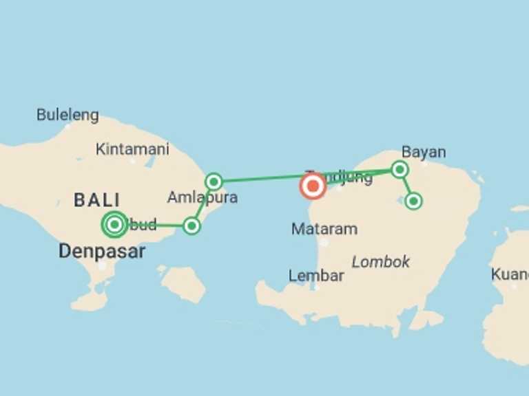 Map of Indonesia Tour with 6 destination visits for the trip: Bali, Lombok & Gili Islands: Hike, Bike, Raft & Snorkel