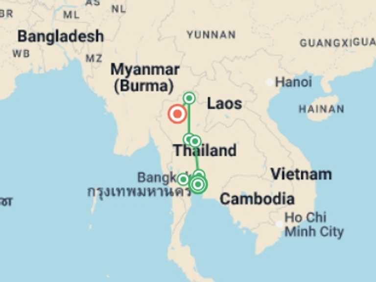 Map itinerary of Thailand Tour in November 2026 with 6 destination visits for the trip: Charming Thailand (4 Star Hotels)