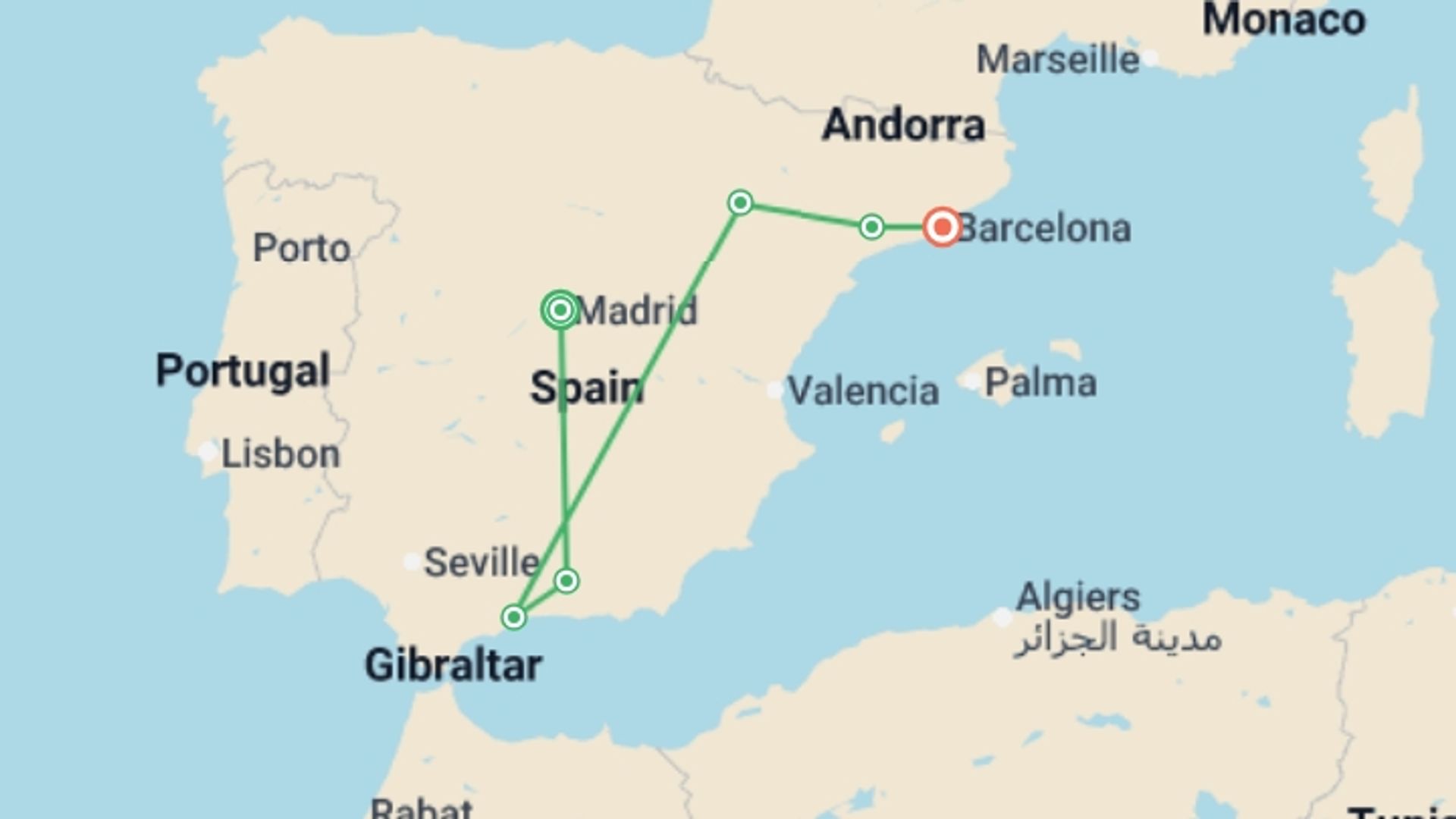 A map showing the tour itinerary for the trip: Classical Spain (without Alhambra), starting in Madrid, Spain and ending in Barcelona, Spain going through 4 other destinations.