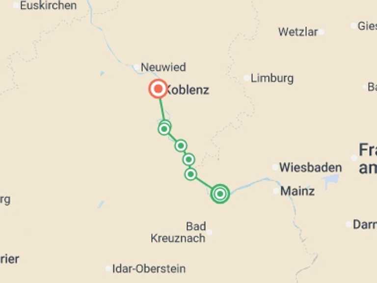 Map itinerary of Europe Tour in May 2026 with 7 destination visits for the trip: Rhine River and Castles Walk