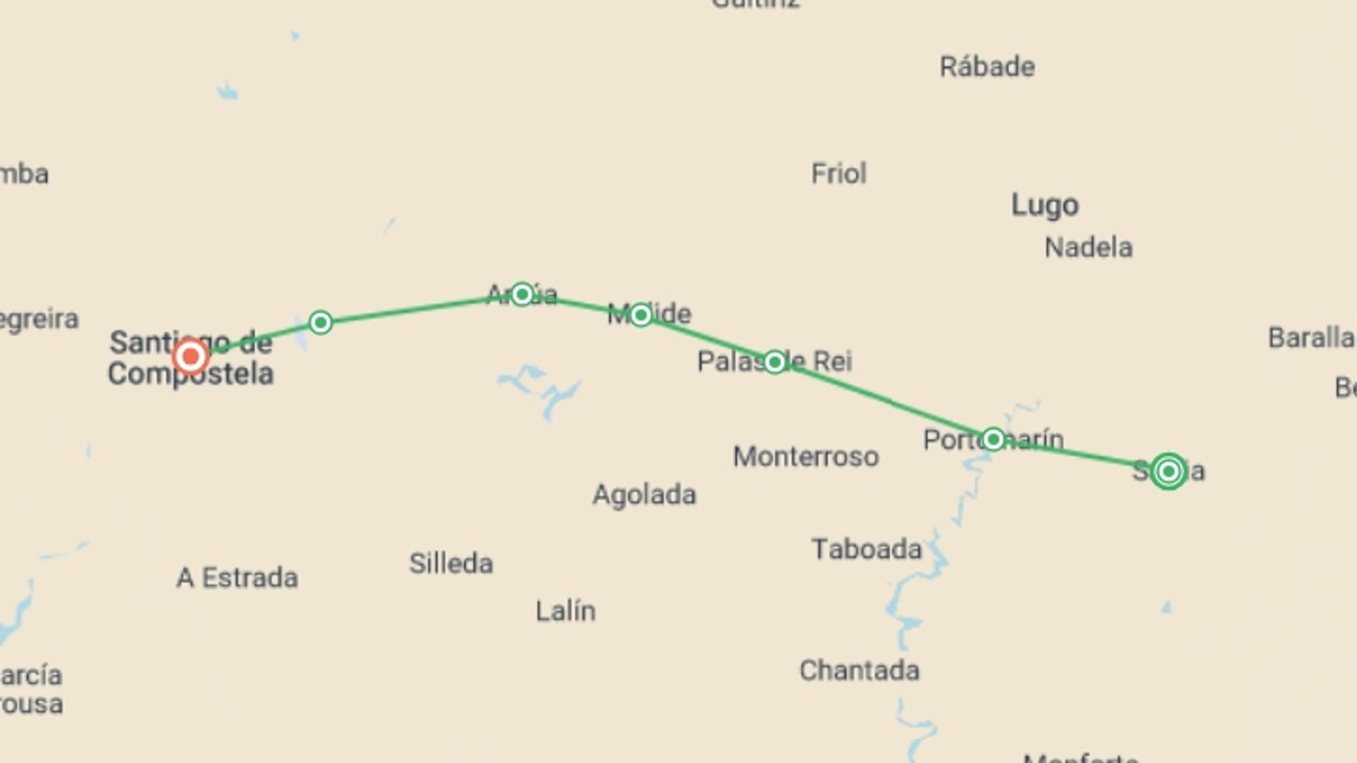 A map showing the tour itinerary for the trip: Walk the Camino de Santiago, starting in Sarria, Spain and ending in Santiago De Compostela, Spain going through 6 other destinations.