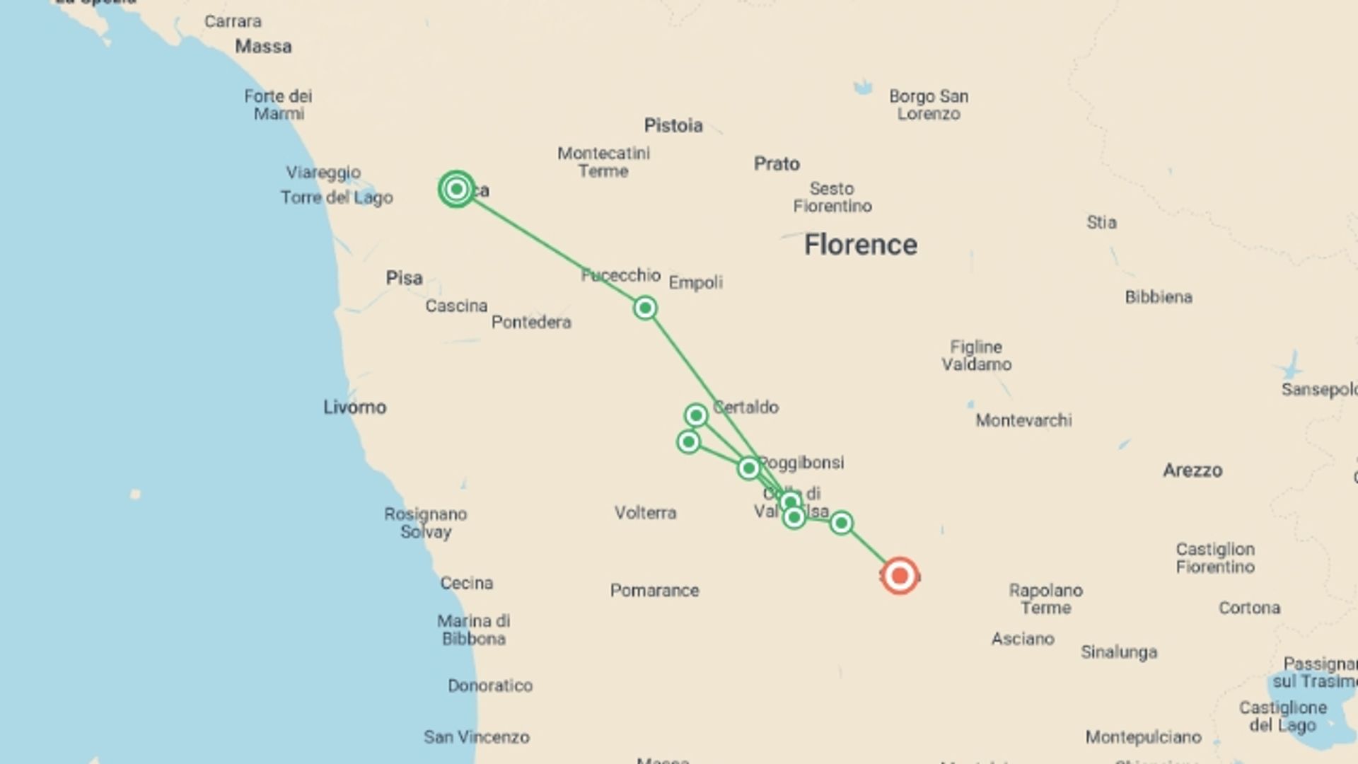 A map showing the tour itinerary for the trip: Via Francigena: Lucca to Siena, starting in Lucca, Italy and ending in Siena, Italy going through 5 other destinations.