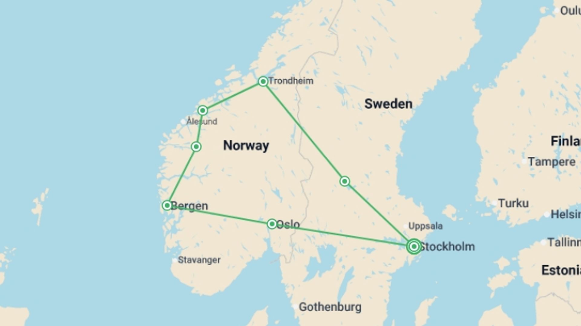 A map showing the tour itinerary for the trip: Legendary Fjords End Stockholm, starting in Stockholm, Sweden and ending in Stockholm, Sweden going through 6 other destinations.