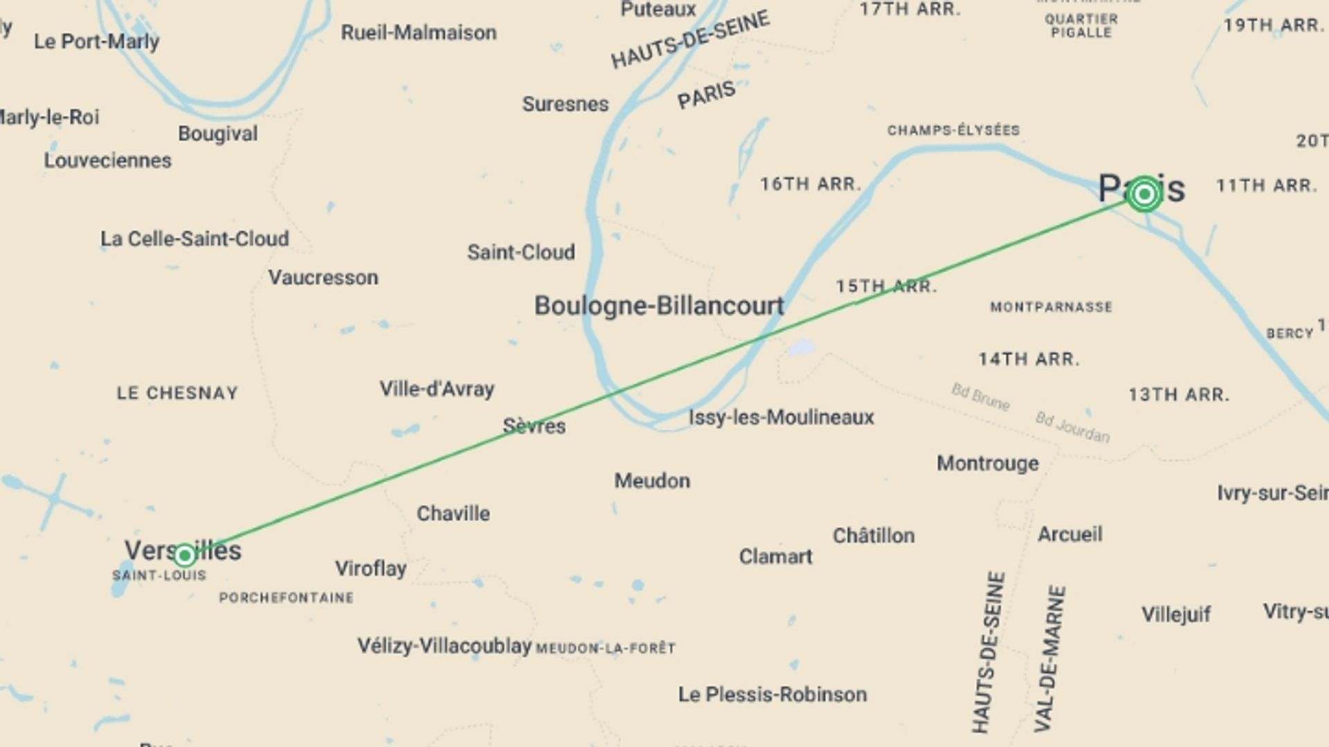 A map showing the tour itinerary for the trip: Paris And Versailles, starting in Paris, France and ending in Paris, France going through 1 other destinations.