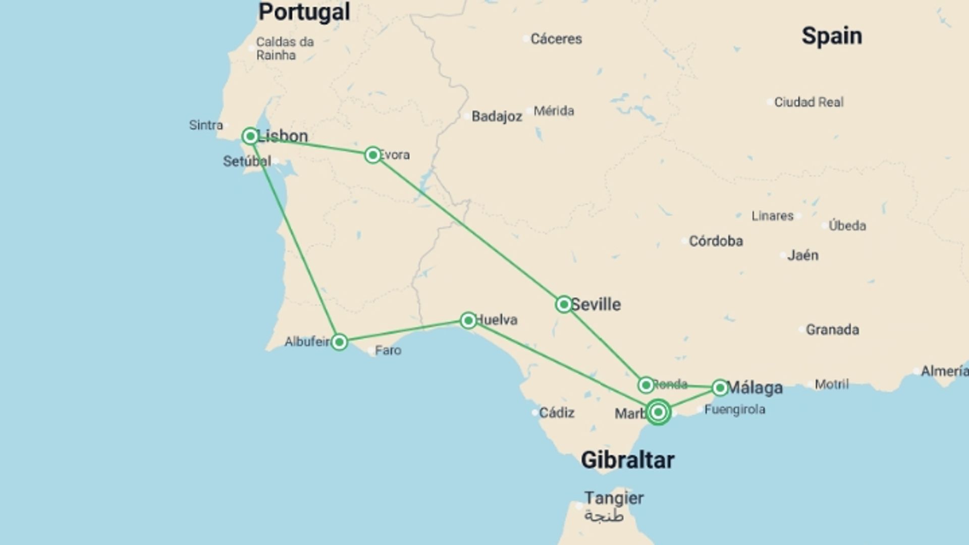 A map showing the tour itinerary for the trip: Flamenco And Fado, Self-drive (multi Country), starting in undefined, Spain and ending in undefined, Spain going through 1 other destinations.