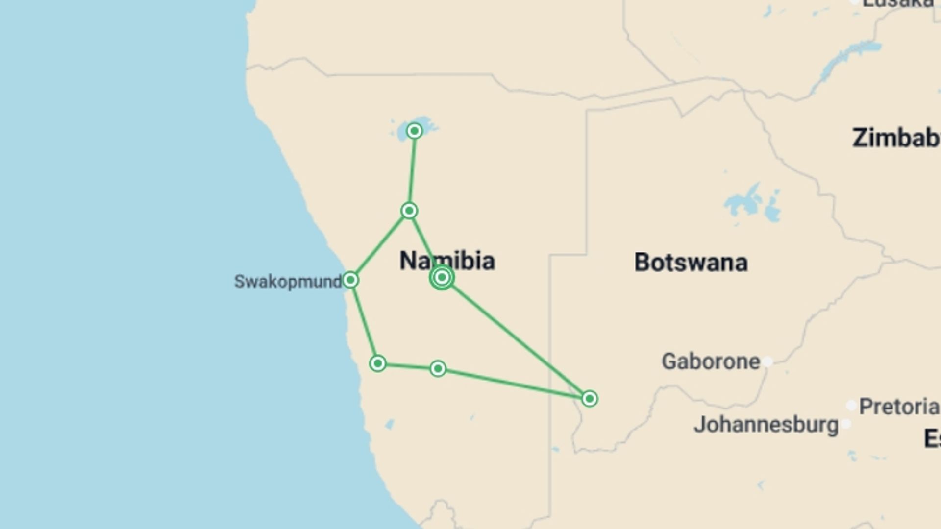 A map showing the tour itinerary for the trip: Namibia The Finest Way, Self-drive, starting in Windhoek, Namibia and ending in Windhoek, Namibia going through 4 other destinations.