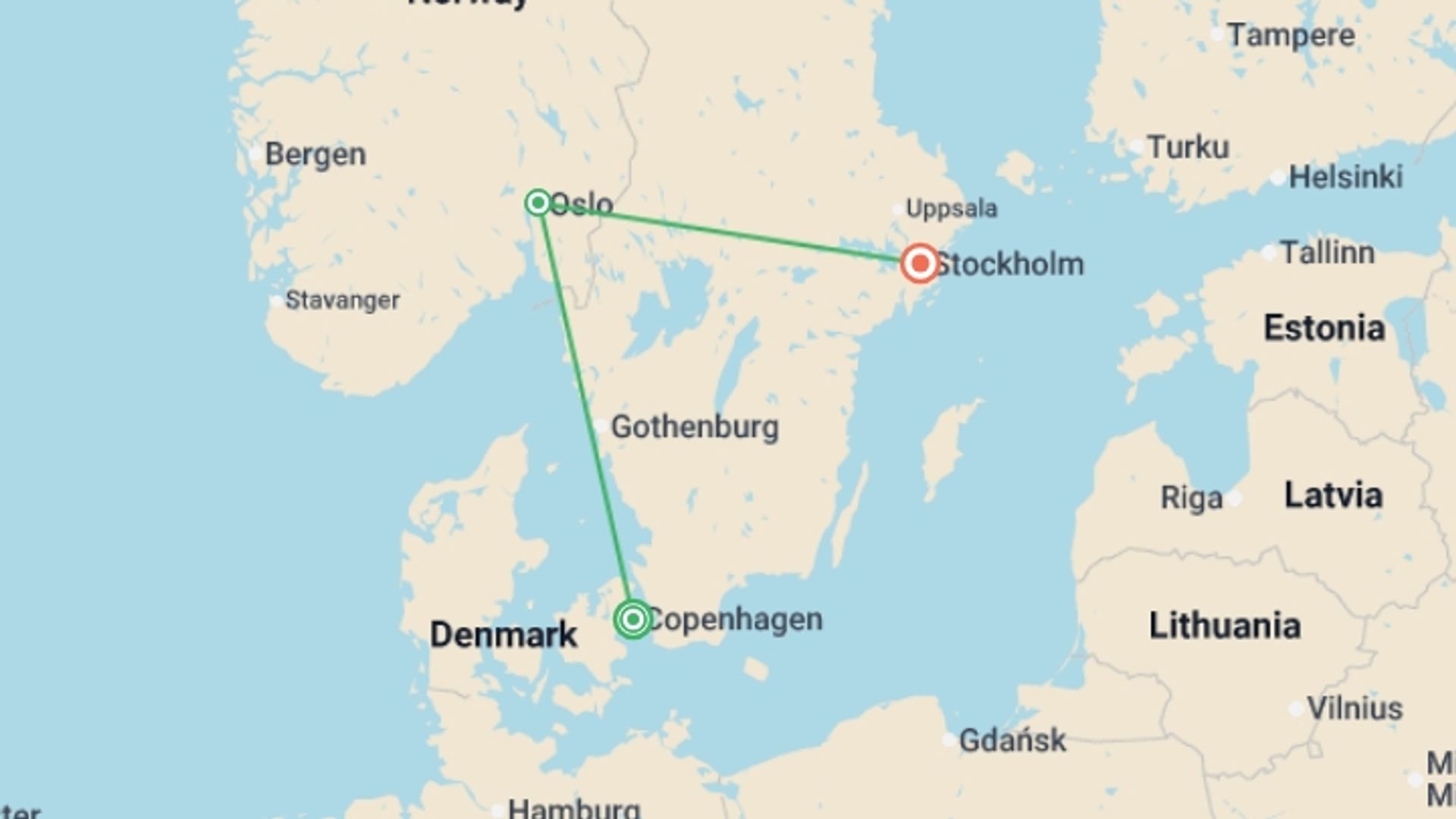 A map showing the tour itinerary for the trip: Denmark, Norway & Sweden Capitals - 8 days, starting in Copenhagen, Denmark and ending in Stockholm, Sweden going through 1 other destinations.