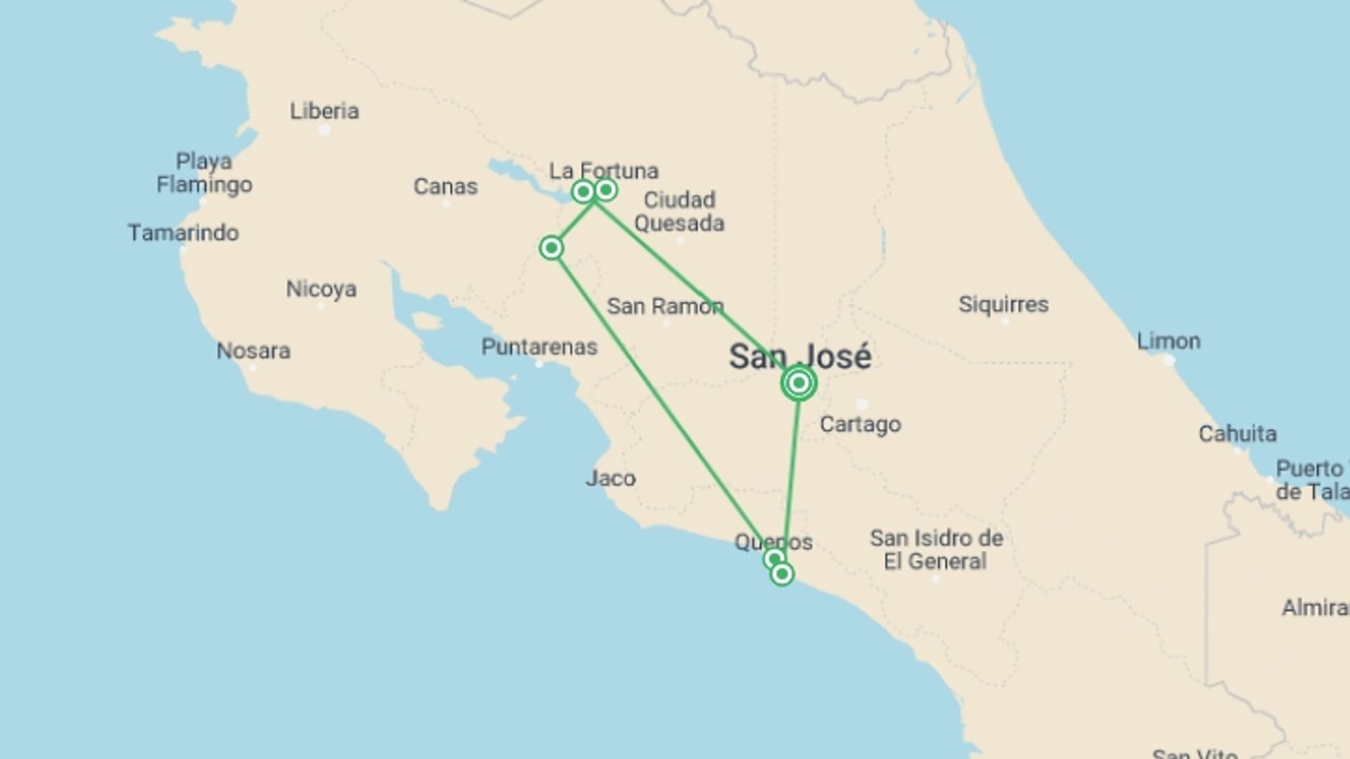 A map showing the tour itinerary for the trip: Costa Rica Eco Adventure, starting in San Jose, Costa Rica and ending in San Jose, Costa Rica going through 3 other destinations.