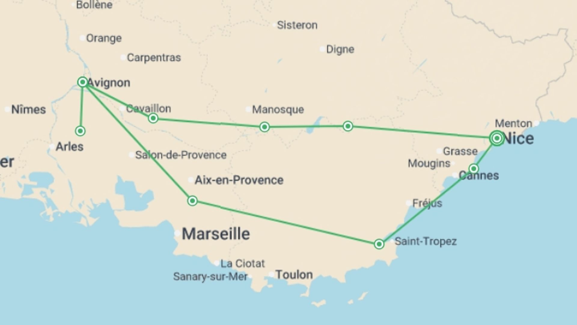 A map showing the tour itinerary for the trip: Provence and the French Riviera, starting in Nice, France and ending in Nice, France going through 3 other destinations.