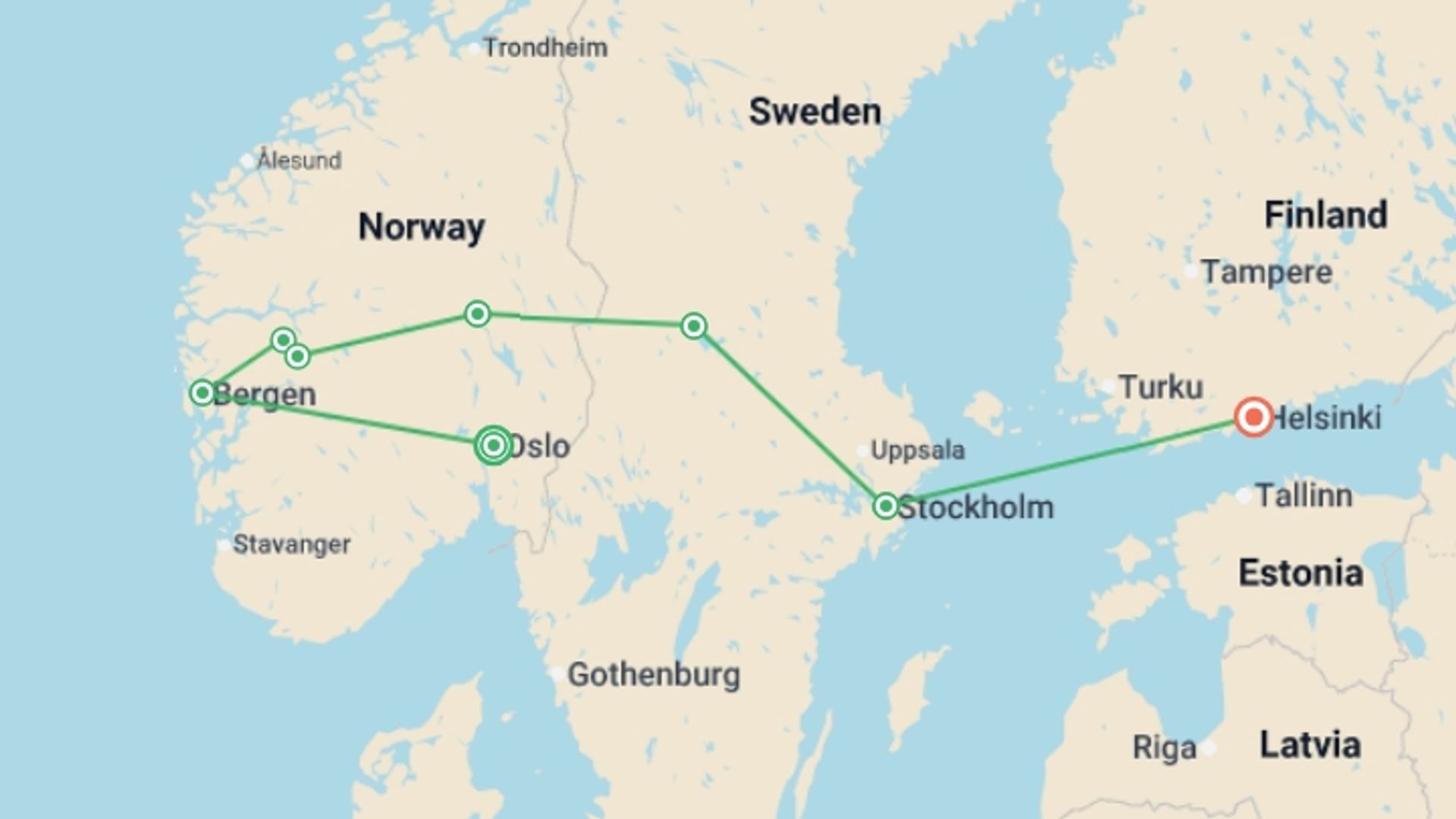 A map showing the tour itinerary for the trip: Scandinavia Explorer, starting in Oslo, Norway and ending in Helsinki, Finland going through 6 other destinations.
