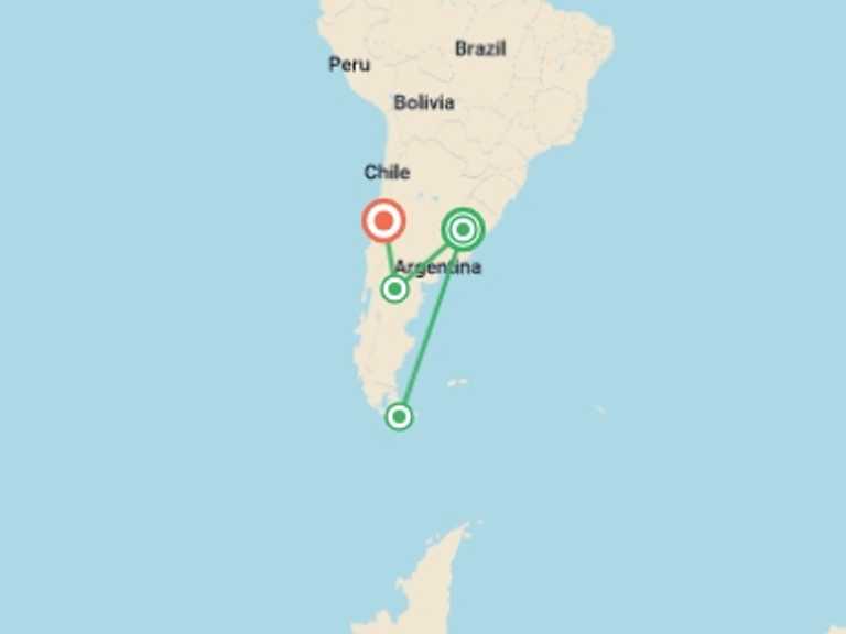 Map of Santiago Explorer Tour with 3 destination visits for the trip: BUENOS AIRES to SANTIAGO (35 days) Patagonian Adve