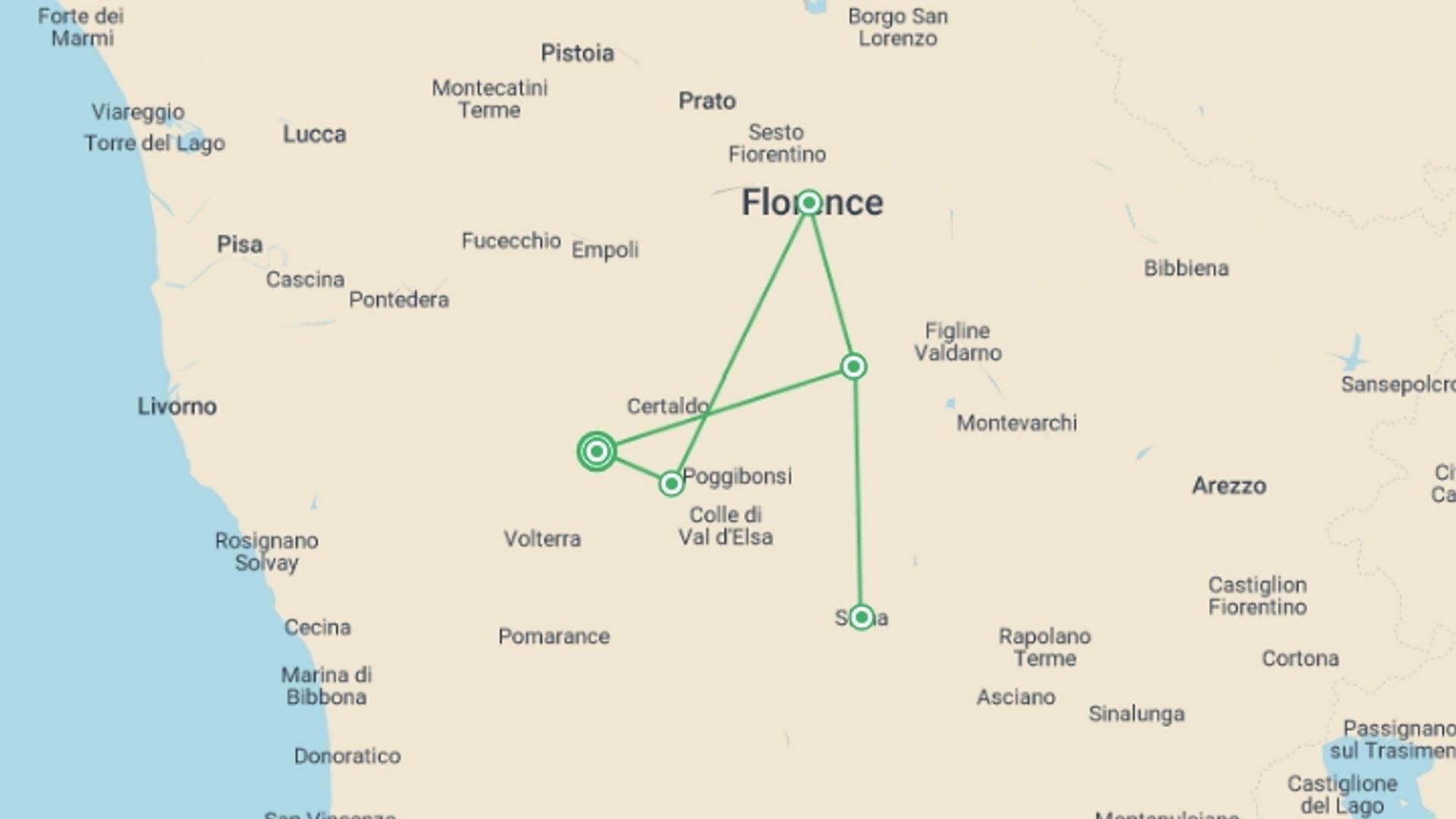 A map showing the tour itinerary for the trip: Tuscany Walks & Chianti Wines, starting in Pancole, Italy and ending in Pancole, Italy going through 5 other destinations.