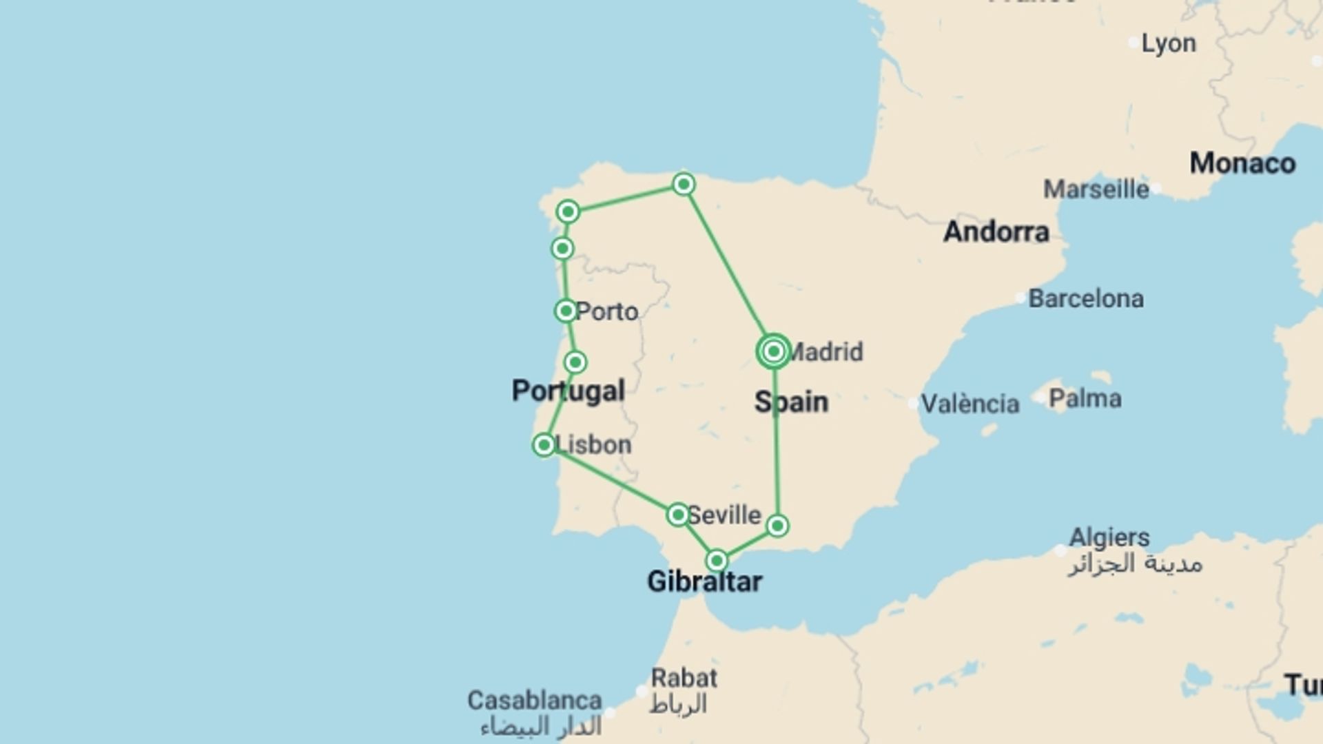 A map showing the tour itinerary for the trip: Madrid to Galicia, Portugal & Andalucia - 14 days, starting in Madrid, Spain and ending in Madrid, Spain going through 9 other destinations.