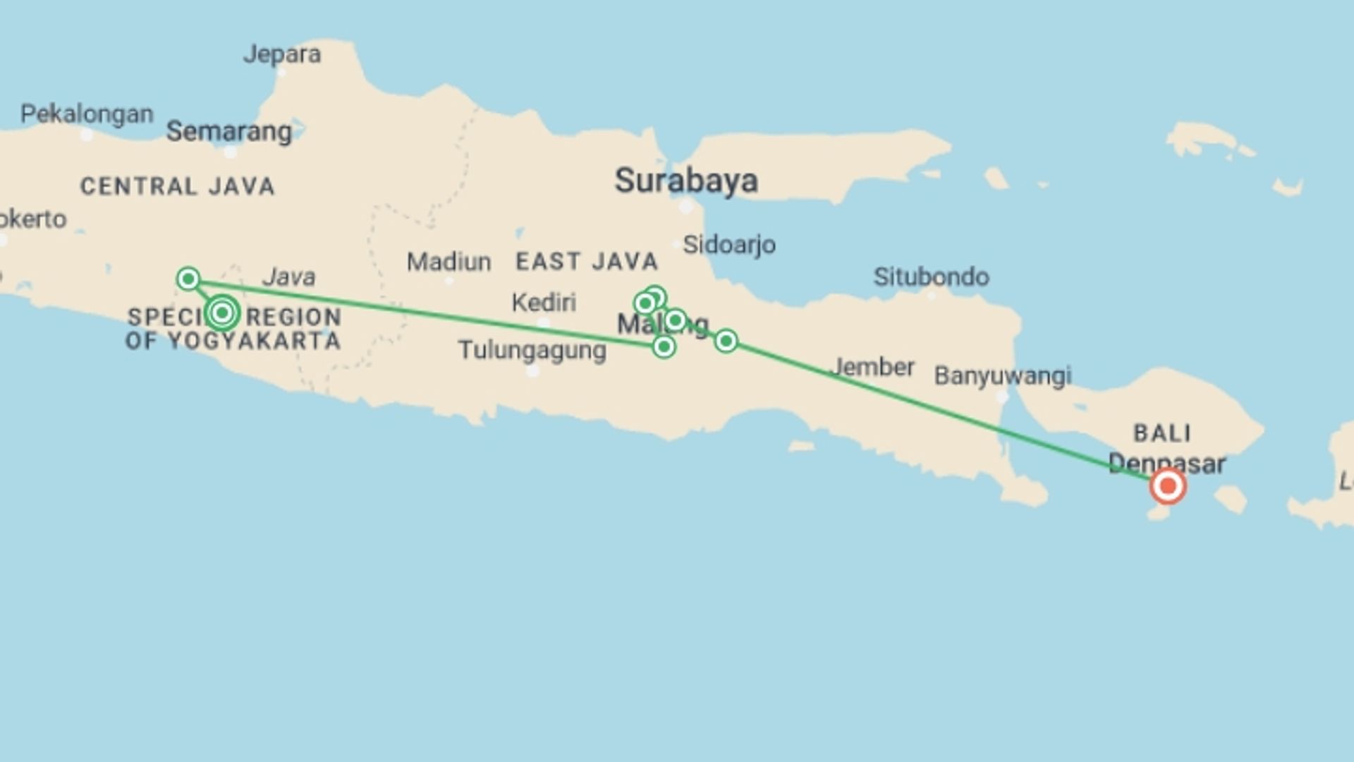 A map showing the tour itinerary for the trip: Volcanoes of East Java, starting in Yogyakarta, Indonesia and ending in Denpasar, Indonesia going through 6 other destinations.