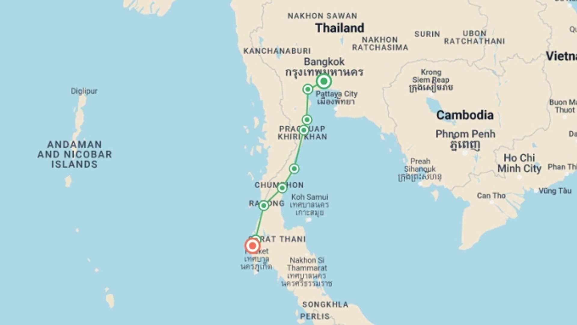 A map showing the tour itinerary for the trip: Cycling Coastal Thailand, starting in Bangkok, Thailand and ending in Khao Lak, Thailand going through 7 other destinations.