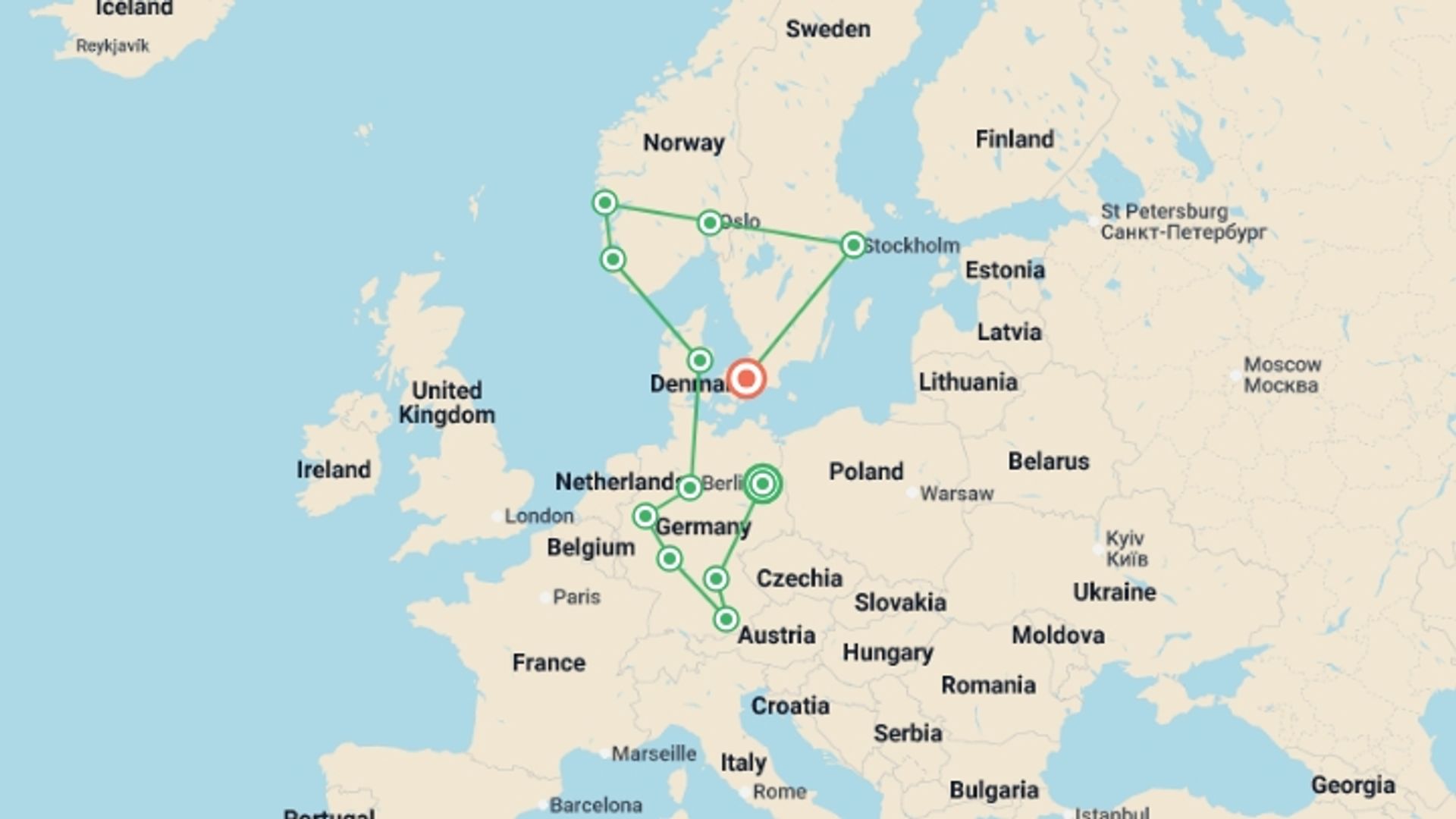 A map showing the tour itinerary for the trip: Germany and Scandinavia end Copenhagen, starting in Berlin, Germany and ending in Copenhagen, Denmark going through 0 other destinations.