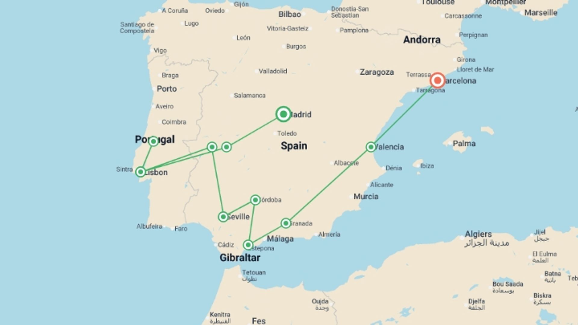 A map showing the tour itinerary for the trip: Madrid to Lisbon, Mediterranean & Barcelona - 10 days, starting in Madrid, Spain and ending in Barcelona, Spain going through 6 other destinations.