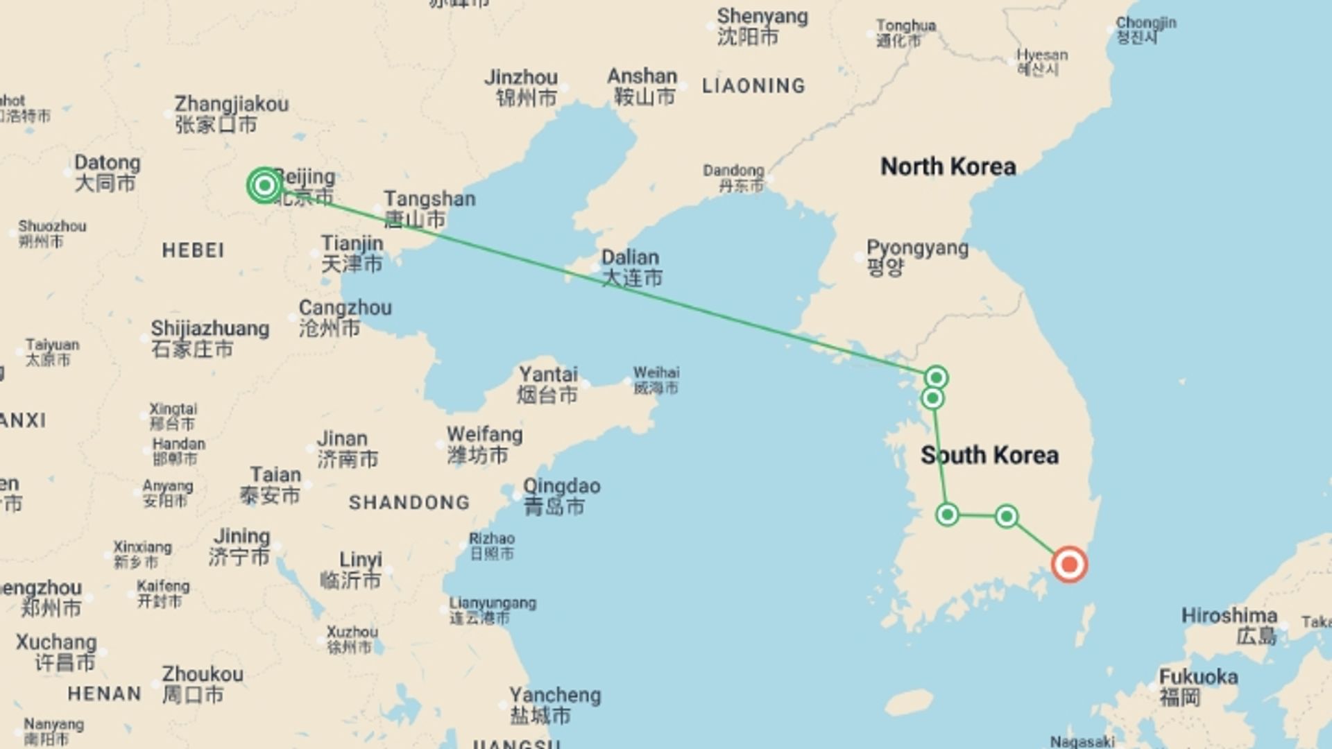 A map showing the tour itinerary for the trip: Beijing, Seoul, and Busan, starting in Beijing, China and ending in Busan, South Korea going through 4 other destinations.