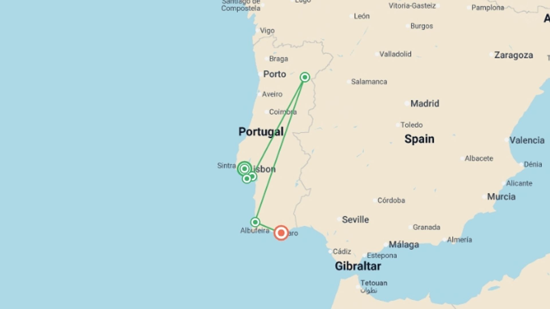 A map showing the tour itinerary for the trip: Cycle Portugal - Lisbon to Algarve, starting in Lisbon, Portugal and ending in Faro, Portugal going through 4 other destinations.
