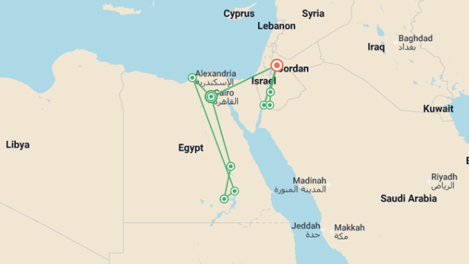 A map showing the tour itinerary for the trip: Explore Egypt & Jordan, starting in Cairo, Egypt and ending in Amman, Jordan going through 7 other destinations.