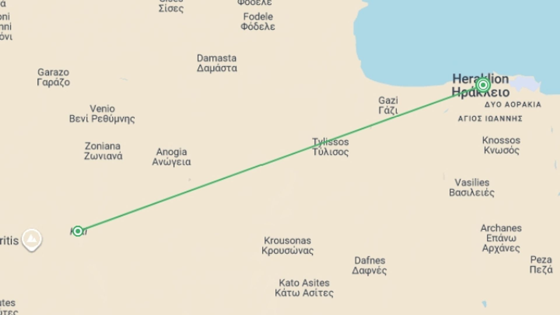 A map showing the tour itinerary for the trip: Exploring Crete, French-speaking Guide, starting in Heraklion, Greece and ending in Heraklion, Greece going through 1 other destinations.