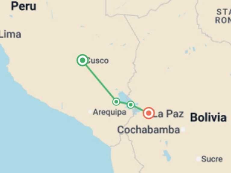 Map itinerary of Puno Tour in January 2027 with 4 destination visits for the trip: Lake Titicaca & isla del Sol Explorer 3D/2N (Cusco to La Paz)