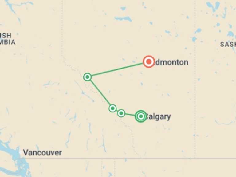 Map of Calgary Explorer Tour with 5 destination visits for the trip: Canadian Rockies: Northern Lights Winter Explorer
