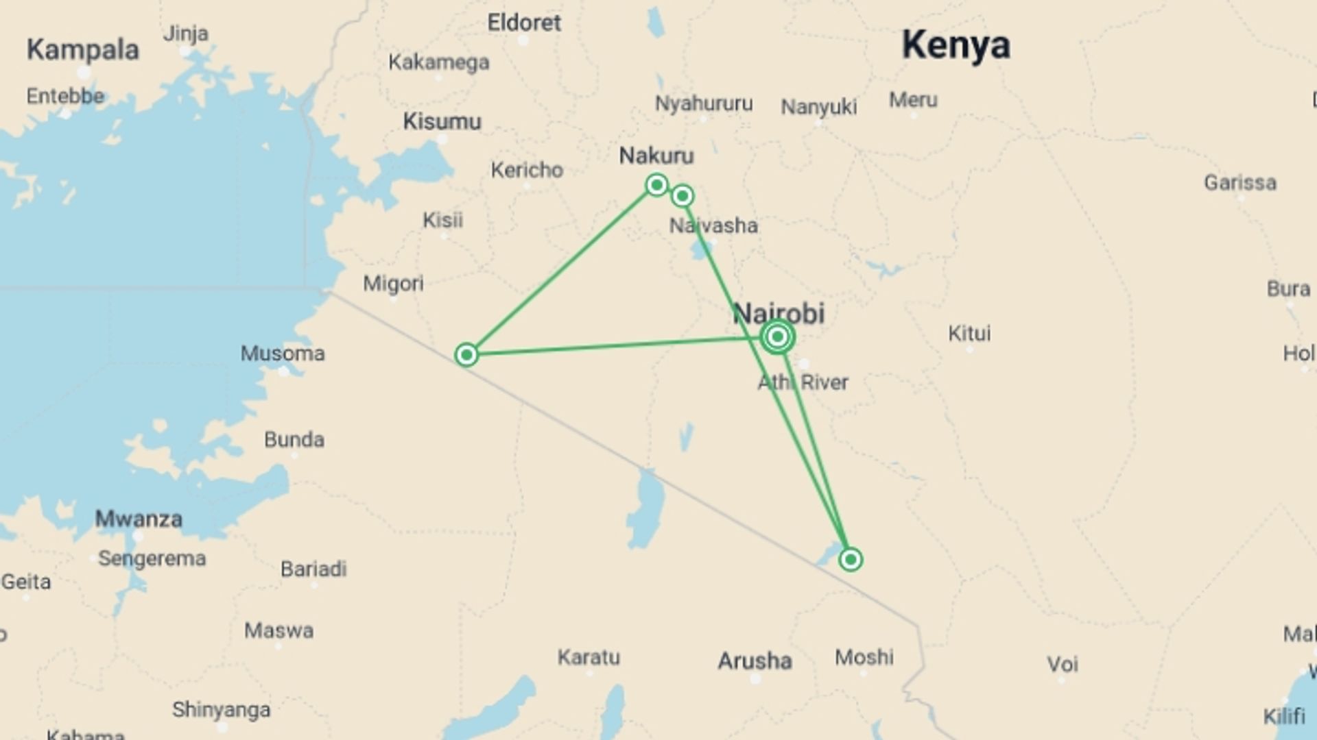 A map showing the tour itinerary for the trip: Kenya Classic, Sentrim Lodges, starting in Nairobi, Kenya and ending in Nairobi, Kenya going through 3 other destinations.