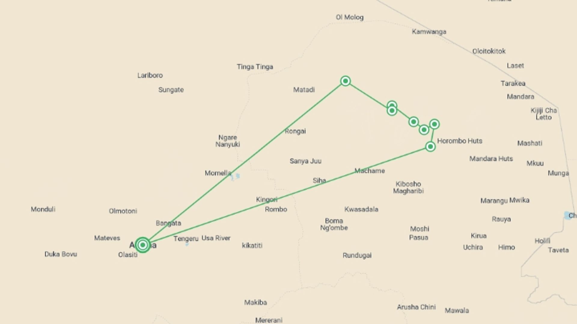 A map showing the tour itinerary for the trip: 8 Days Mount Kilimanjaro Climbing Lemosho Route, starting in Arusha, Tanzania and ending in Arusha, Tanzania going through 8 other destinations.
