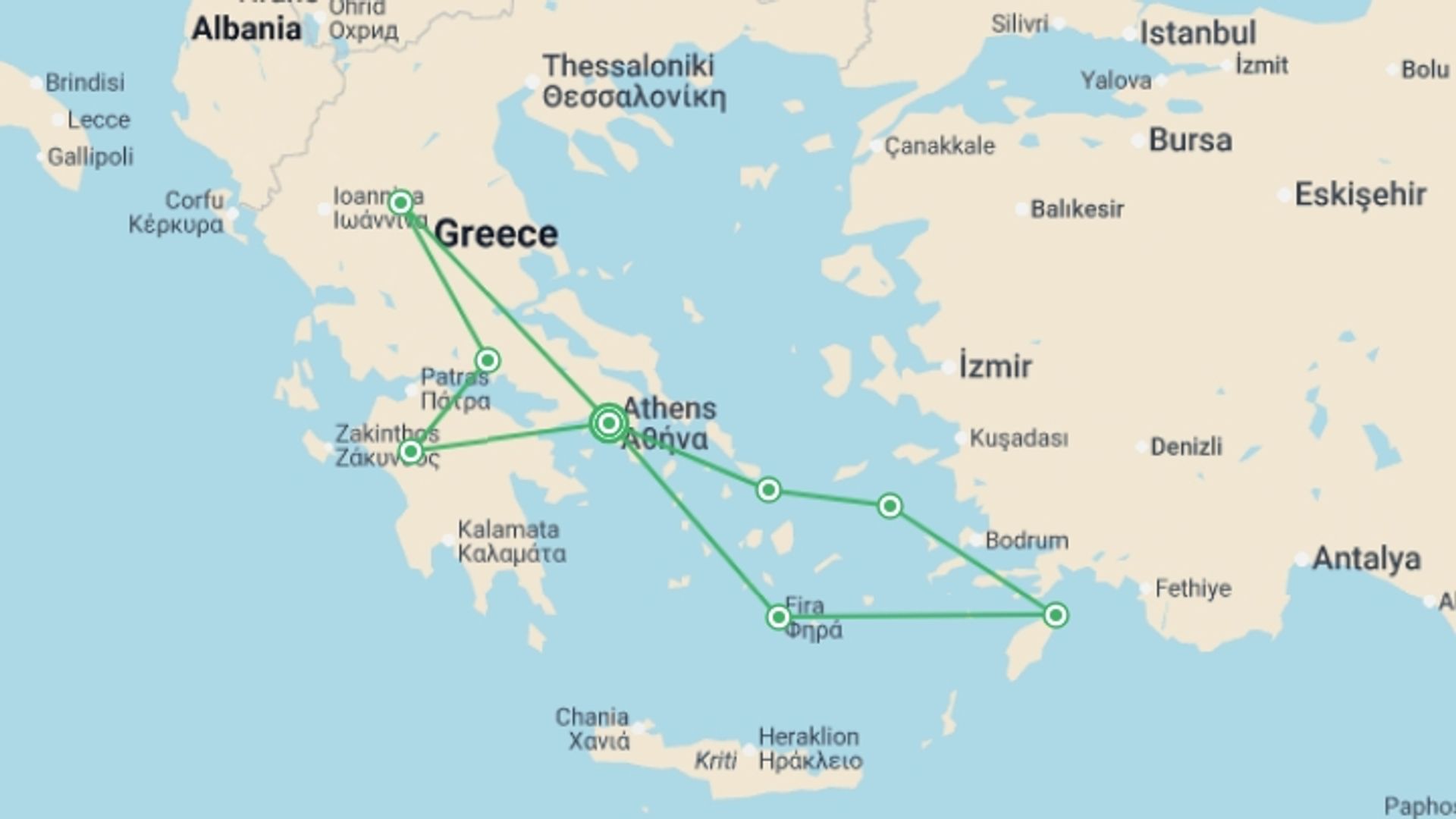 A map showing the tour itinerary for the trip: Classical Greece & the Aegean Isles - 12 days, starting in Athens, Greece and ending in Athens, Greece going through 7 other destinations.