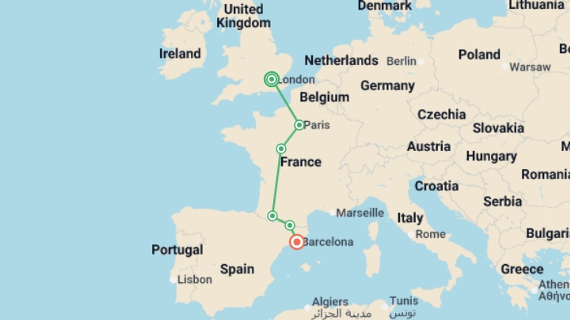 A map showing the tour itinerary for the trip: London to Barcelona, starting in London, England and ending in Barcelona, Spain going through 4 other destinations.