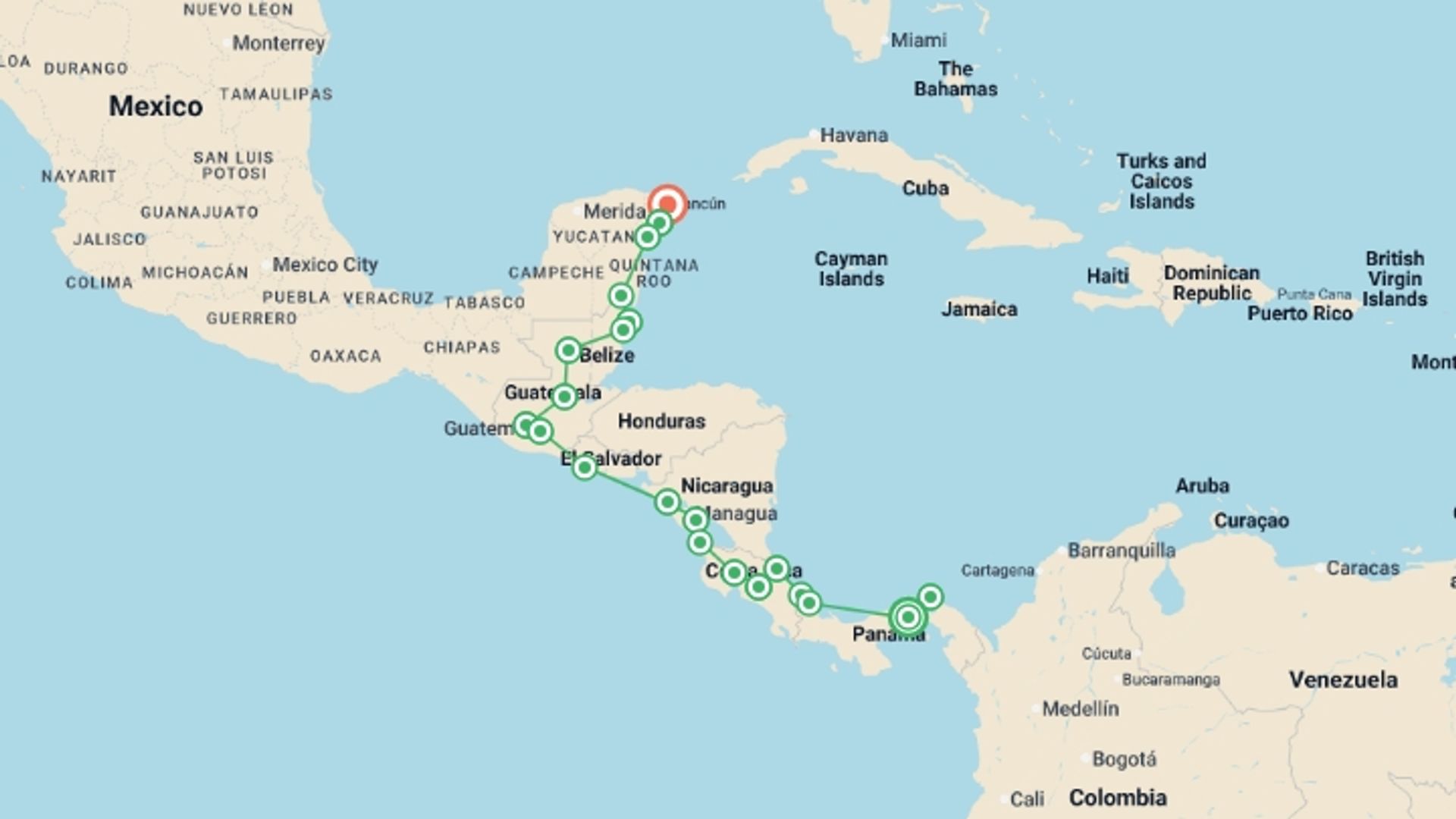 A map showing the tour itinerary for the trip: Panama City to Mexico Maya Express Pass, starting in Panama City, Panama and ending in Cancún, Mexico going through 20 other destinations.
