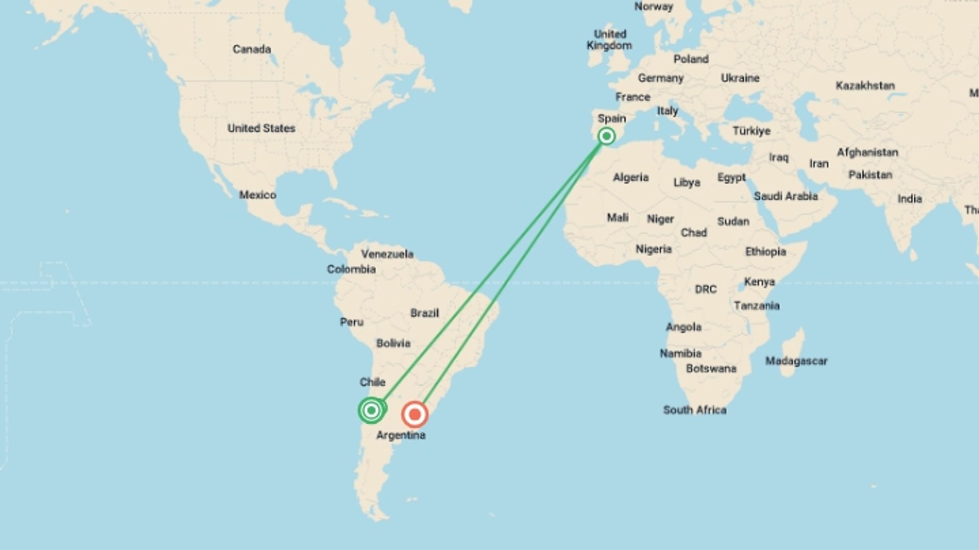A map showing the tour itinerary for the trip: Santiago to Buenos Aires (via Mendoza) Travel Pass, starting in Santiago, Chile and ending in Buenos Aires, Argentina going through 2 other destinations.