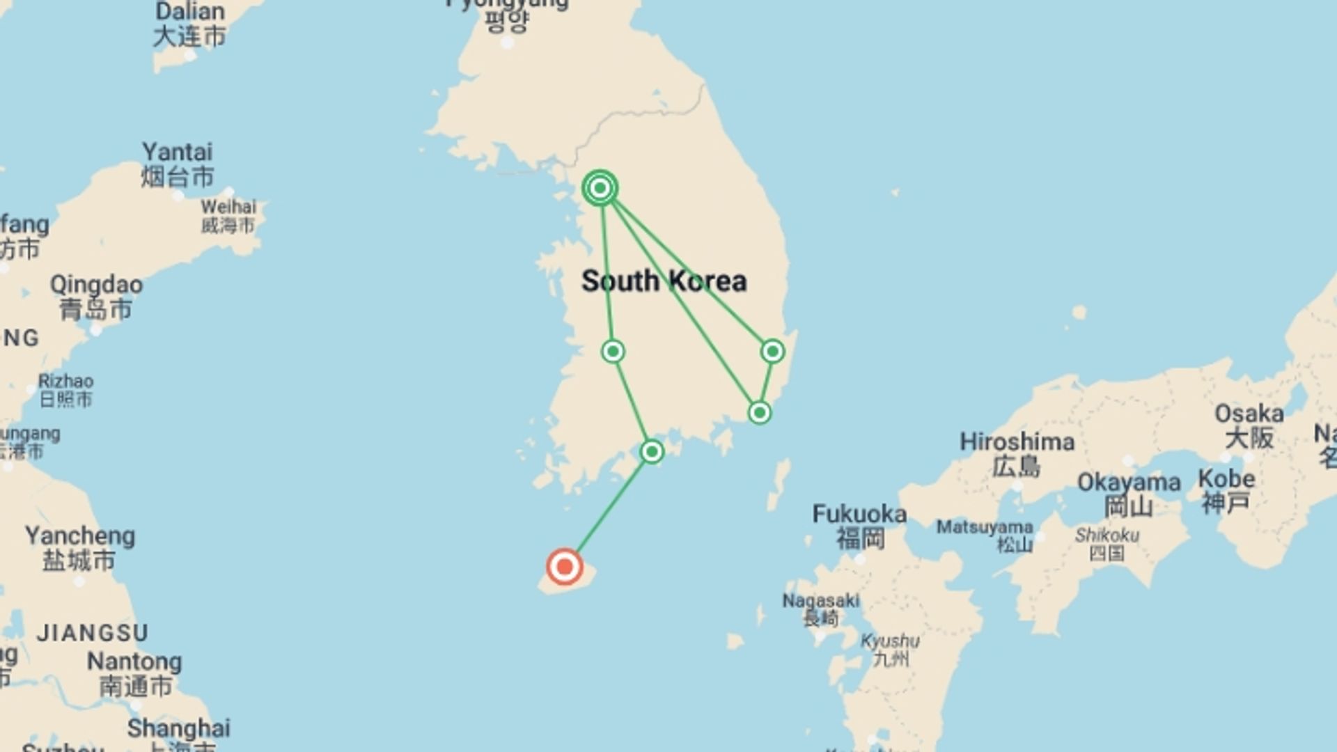 A map showing the tour itinerary for the trip: Essential Korea, starting in Seoul, South Korea and ending in Jeju, South Korea going through 4 other destinations.