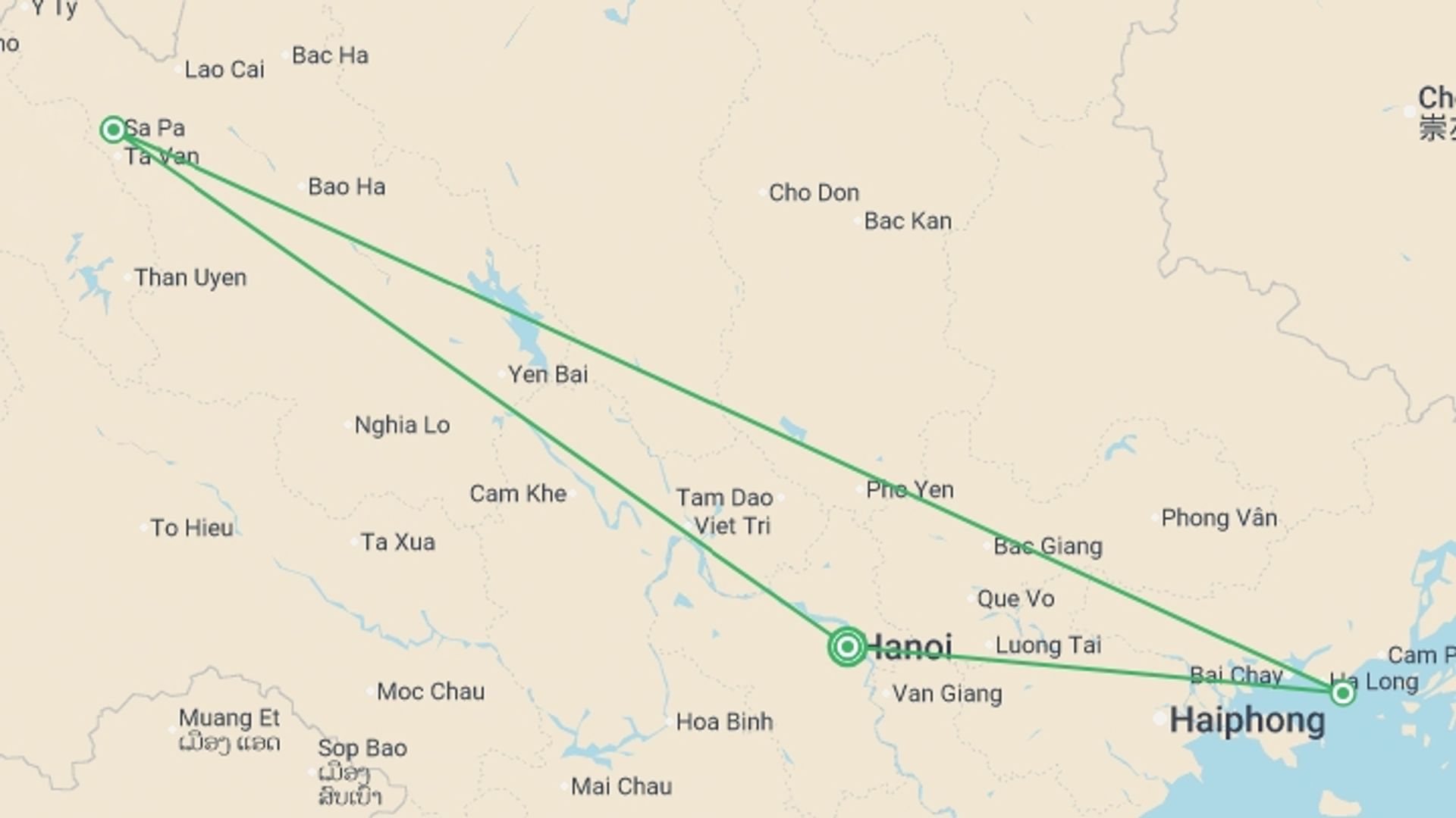 A map showing the tour itinerary for the trip: Vietnam Luxury Adventure Tour 9 Days 8 Nights, starting in Hanoi, Vietnam and ending in Hanoi, Vietnam going through 3 other destinations.