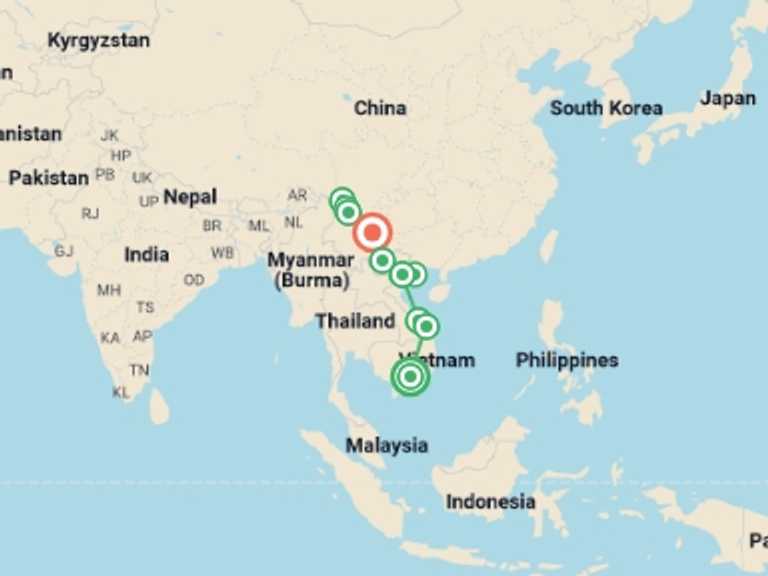 Map of South East Asia Explorer Tour with 10 destination visits for the trip: Vietnam & China Explorer