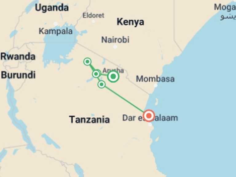 Map of Ngorongoro Crater Adventure Tour with 6 destination visits for the trip: Bush 2 Beach Holiday