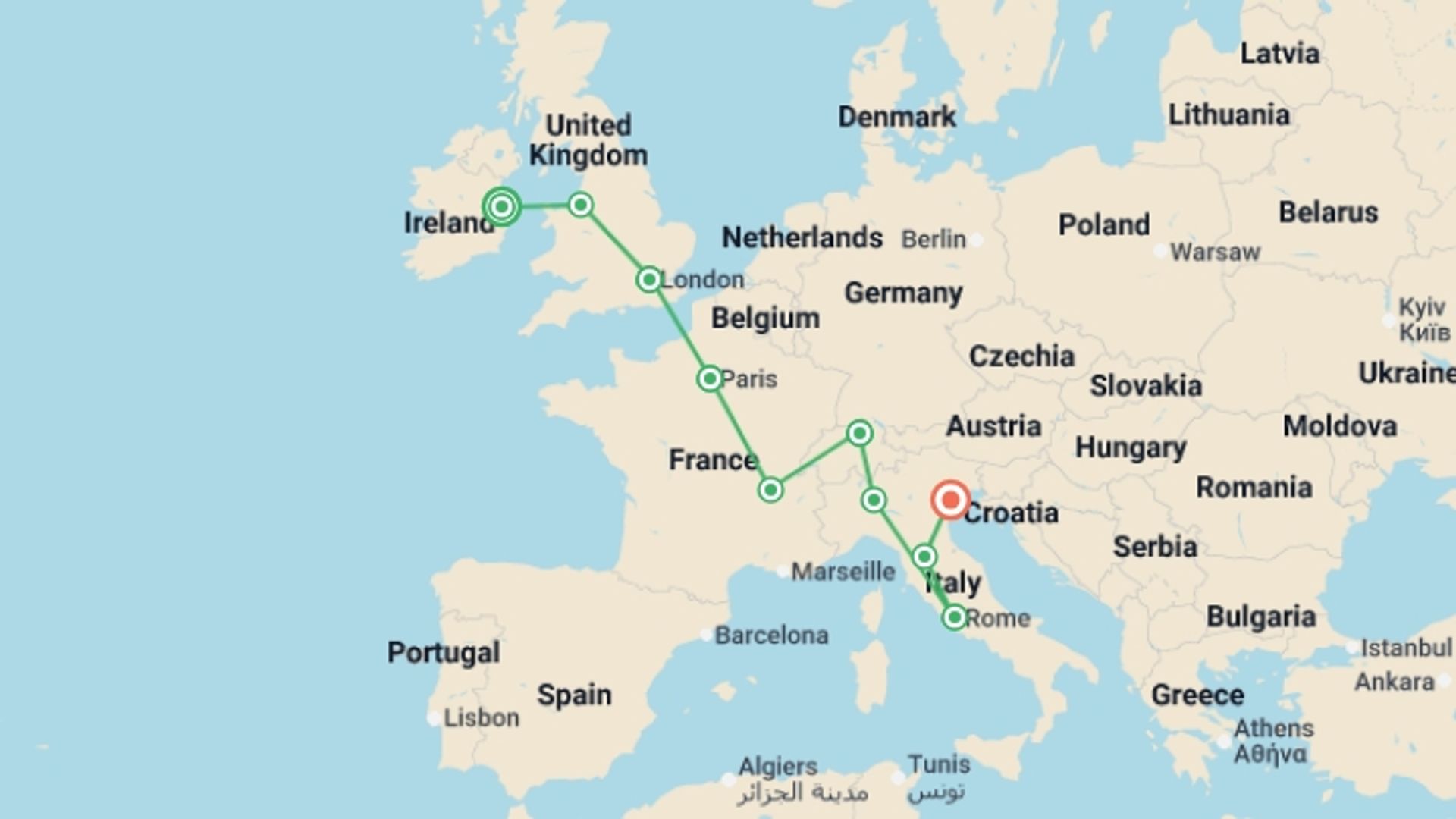 A map showing the tour itinerary for the trip: Crossing Europe, starting in Dublin, Ireland and ending in Venice, Italy going through 8 other destinations.