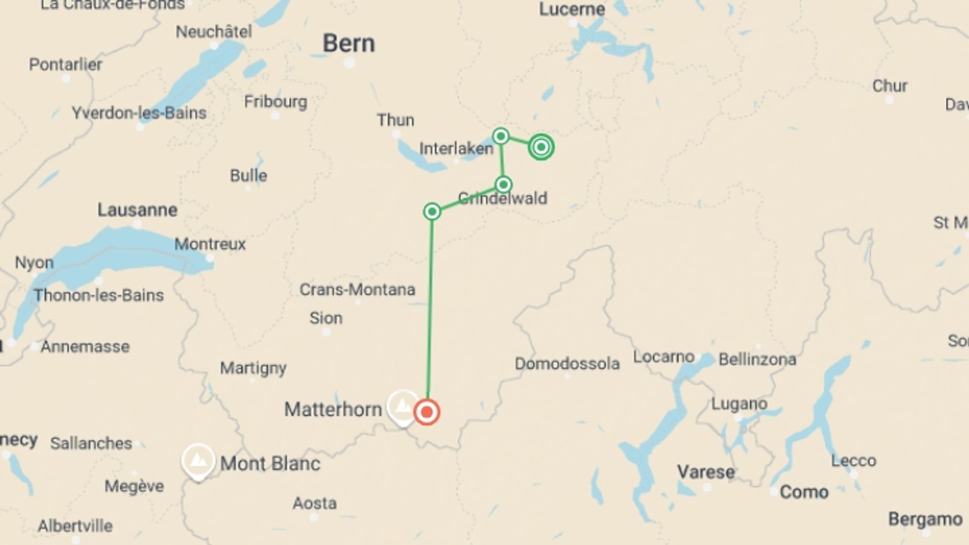 A map showing the tour itinerary for the trip: The Bernese Oberland and Reichenbach Falls, starting in Meiringen, Switzerland and ending in Zermatt, Switzerland going through 2 other destinations.