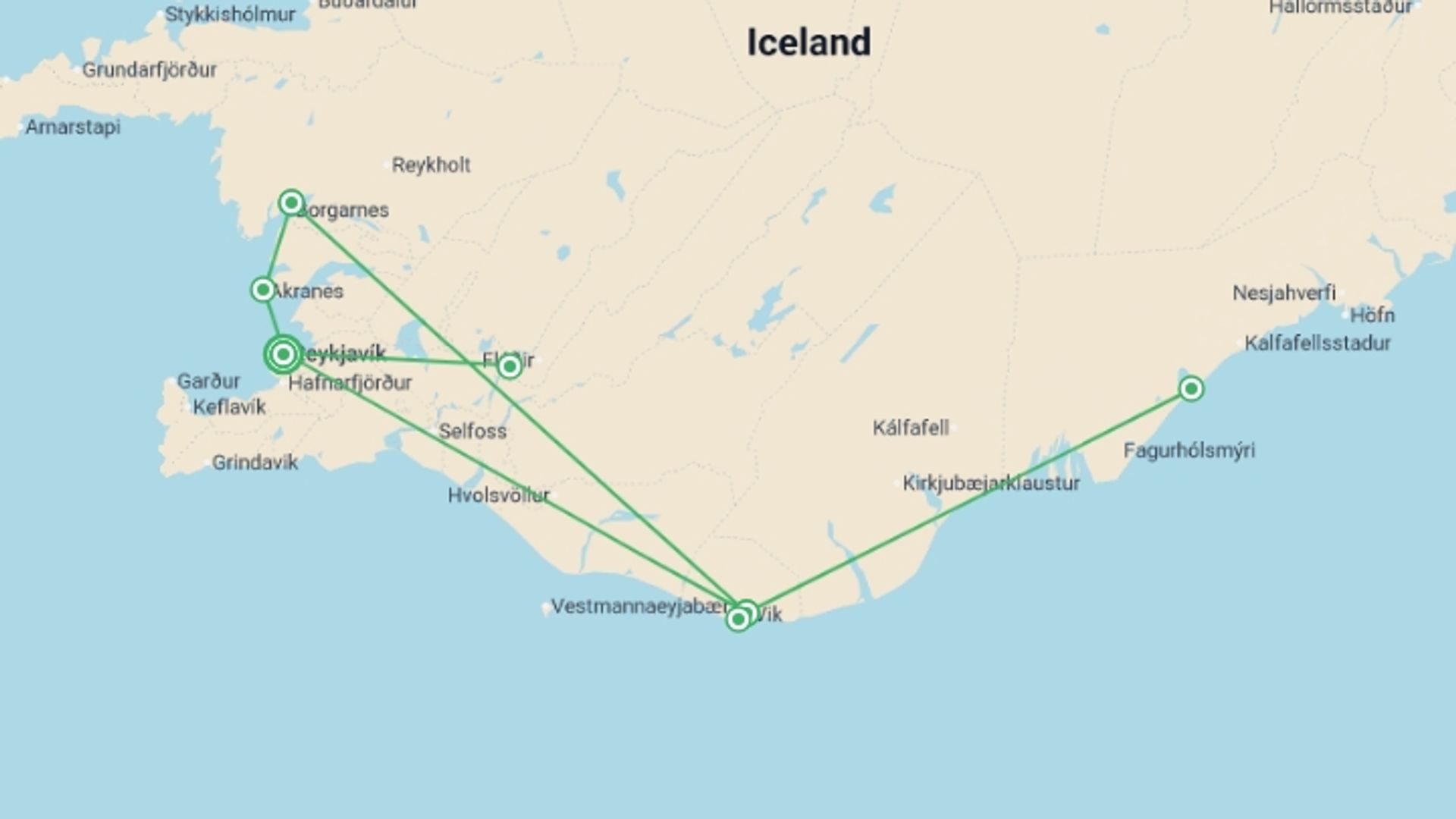A map showing the tour itinerary for the trip: Iceland’s Midnight Sun: Glaciers, Geysers, and the Golden Circle , starting in Reykjavik, Iceland and ending in Reykjavik, Iceland going through 2 other destinations.