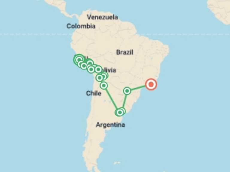 Map itinerary of Lima Tour in July 2027 with 21 destination visits for the trip: South America Highlights