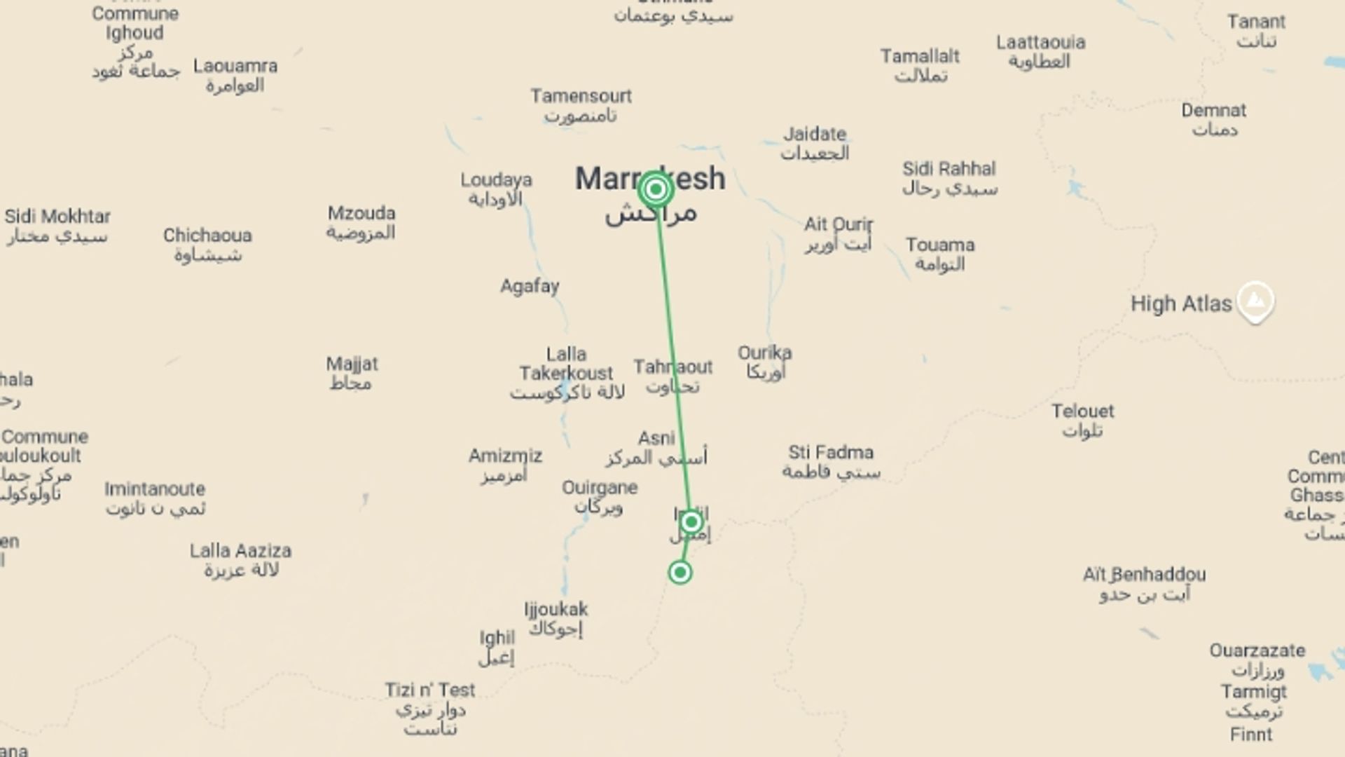 A map showing the tour itinerary for the trip: Mount Toubkal Weekend Trek, starting in Marrakech, Morocco and ending in Marrakech, Morocco going through 2 other destinations.