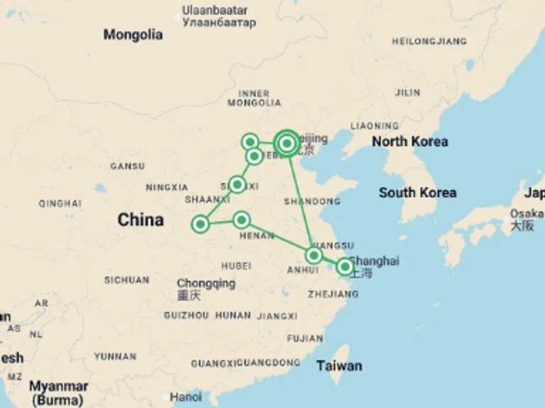 Map itinerary of Asia Tour in July 2026 with 8 destination visits for the trip: Millenary China