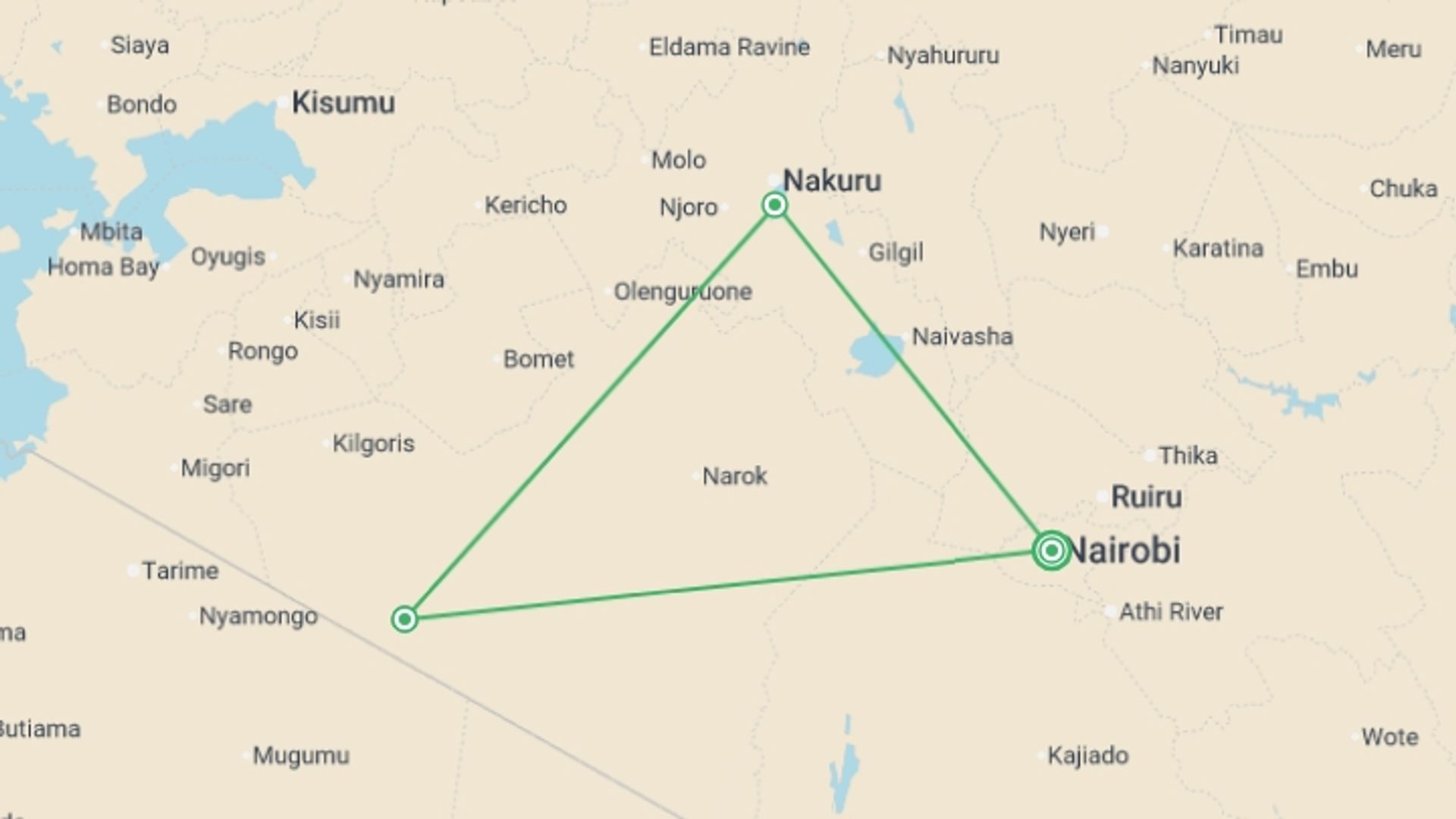 A map showing the tour itinerary for the trip: Masai Mara Interactive & Lake Nakuru Safari 4D/3N, starting in Nairobi, Kenya and ending in Nairobi, Kenya going through 2 other destinations.
