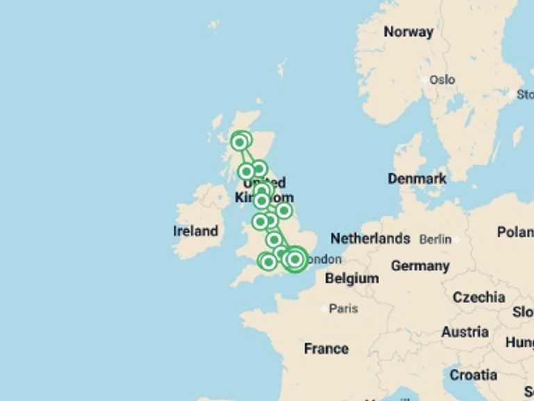 Map itinerary of Europe Tour in Winter with 9 destination visits for the trip: England and Scotland