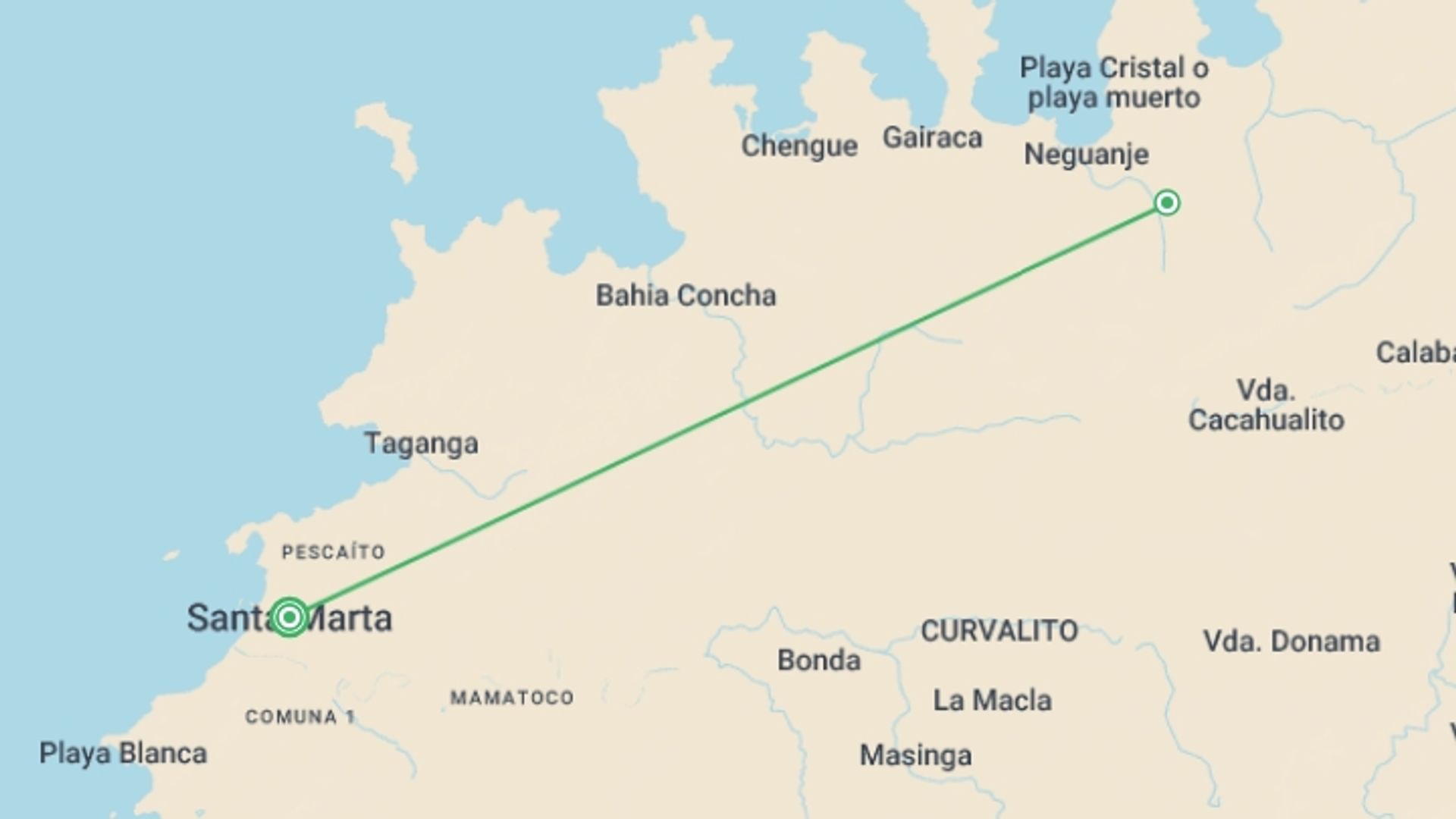 A map showing the tour itinerary for the trip: 3-day Santa Marta & Tayrona Experience, Private Tour, starting in Santa Marta, Colombia and ending in Santa Marta, Colombia going through 1 other destinations.