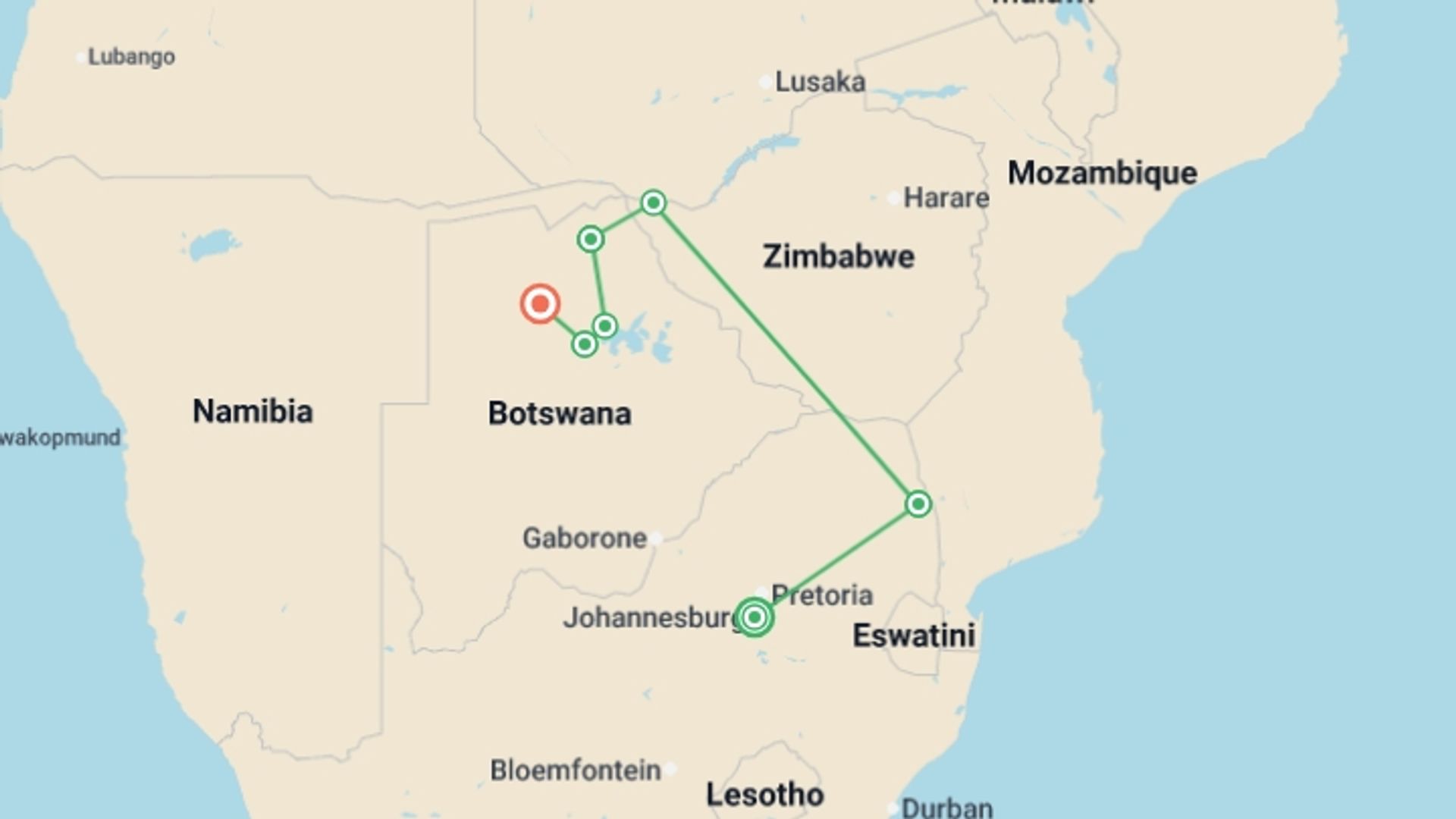 A map showing the tour itinerary for the trip: Premium Southern Africa in Depth, starting in Johannesburg, South Africa and ending in Maun, Botswana going through 5 other destinations.