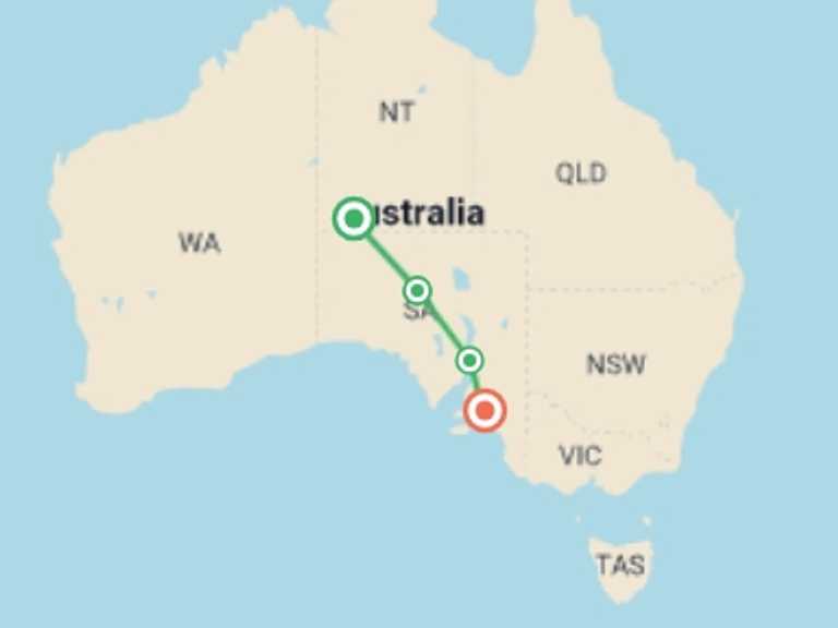 Map of a National parks Tour with 4 destination visits for the trip: Outback Explorer: Uluru to Adelaide
